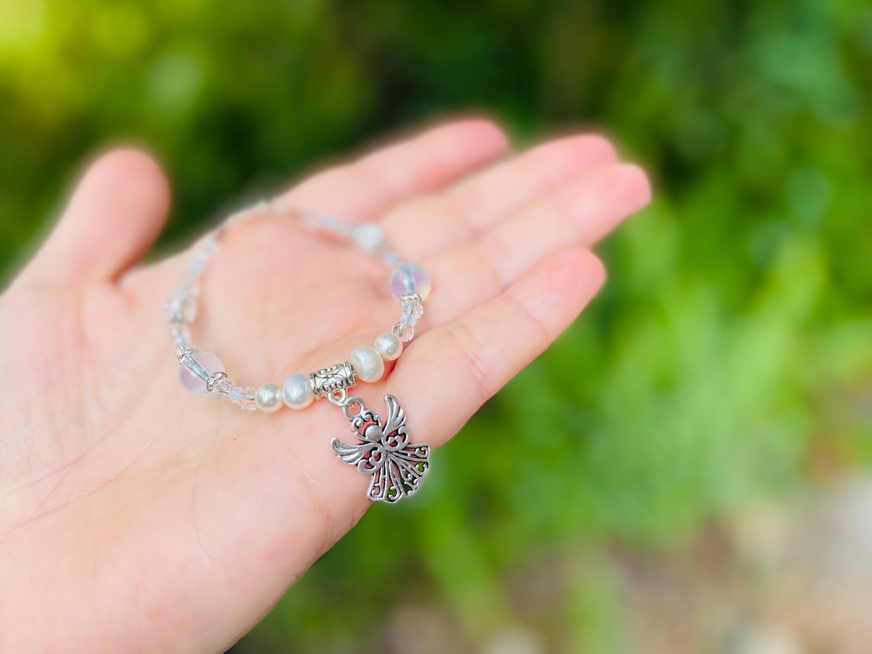 Angel Pearl Bracelet: Opal, Crystal, First Communion Gift