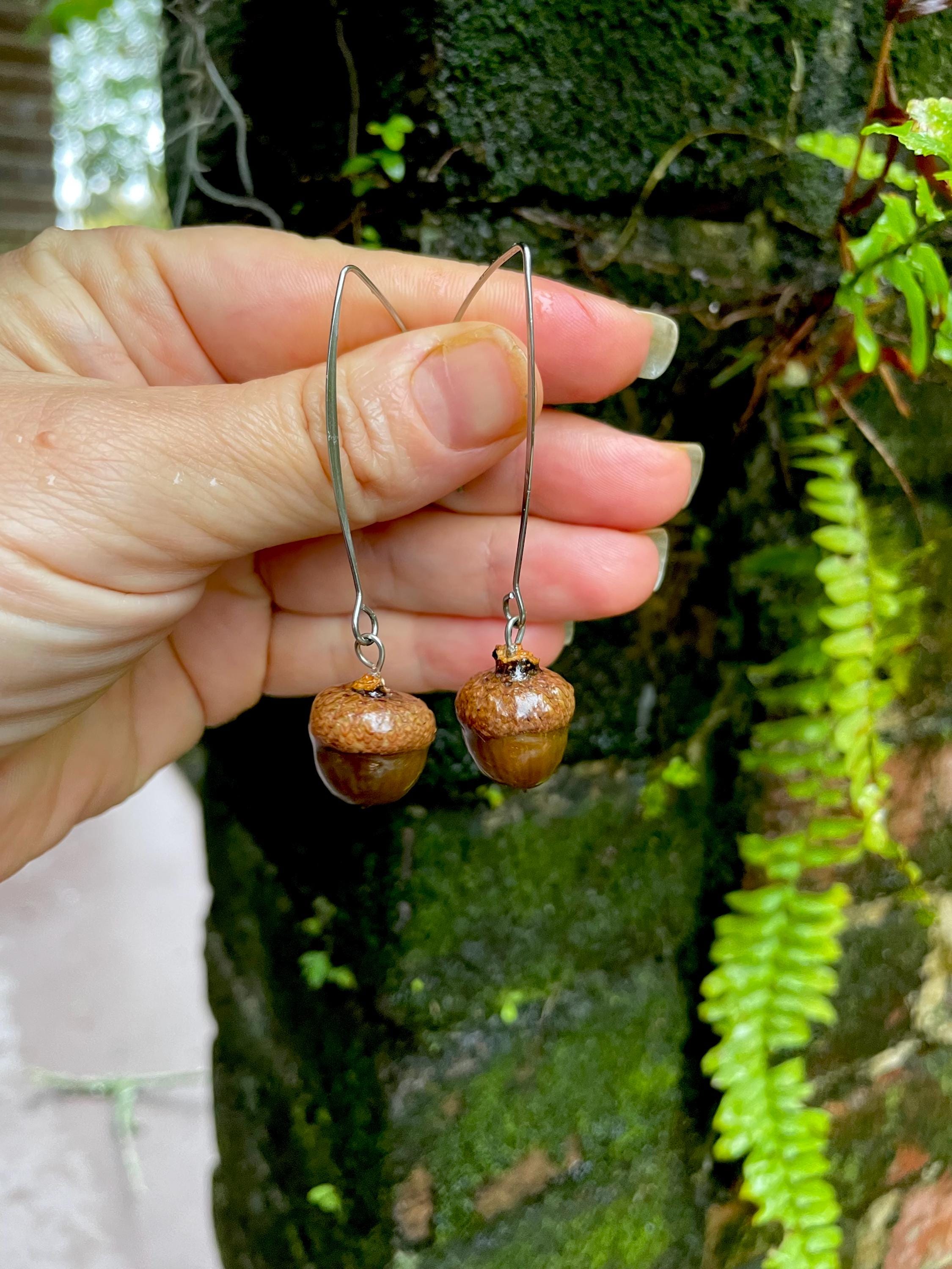 Real Acorn Threader Earrings: Rustic Fall Woodland Jewelry