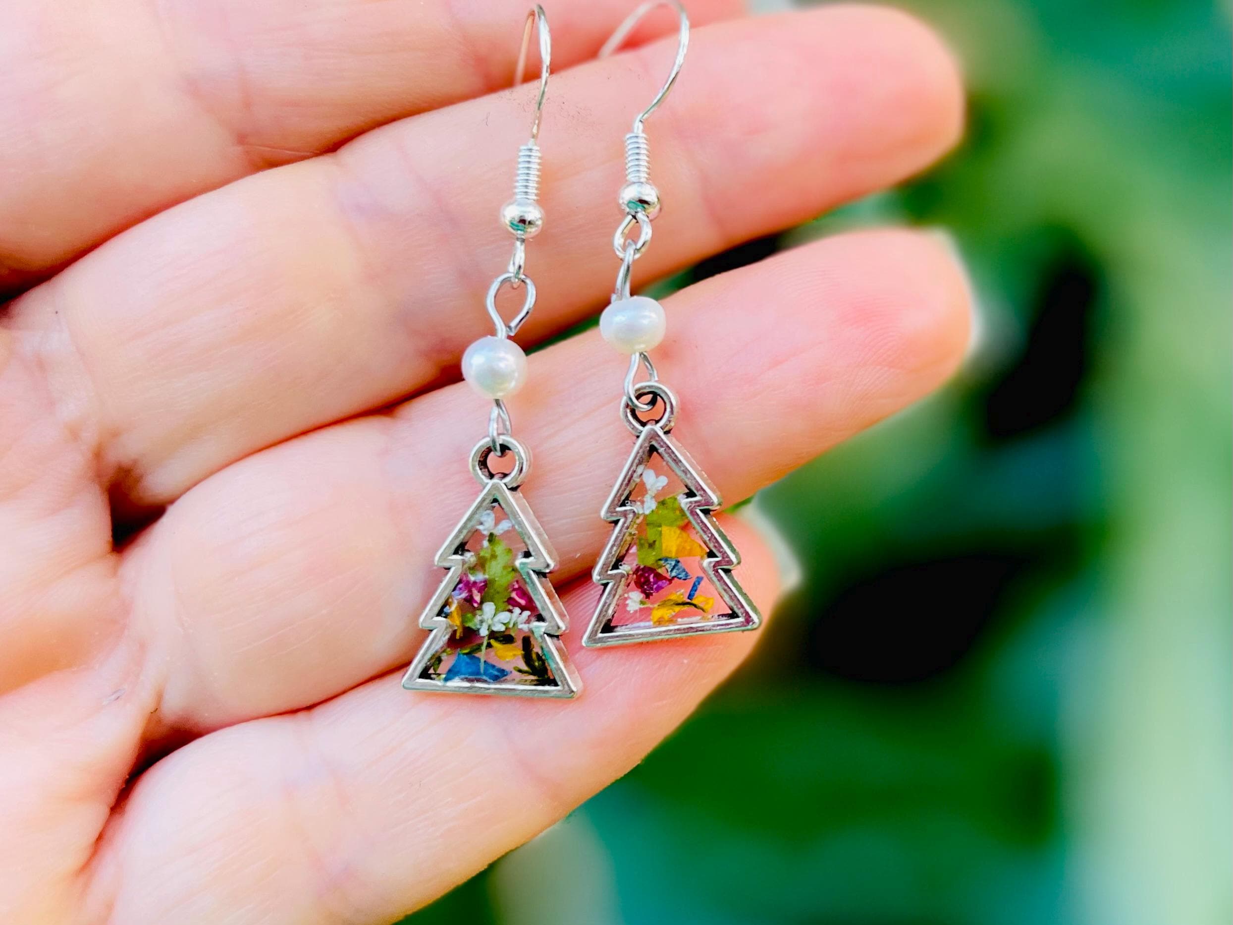 Fern Christmas Tree Earrings Silver: Real Pressed Flower Festive Stud Dangle Earrings Freshwater Pearl