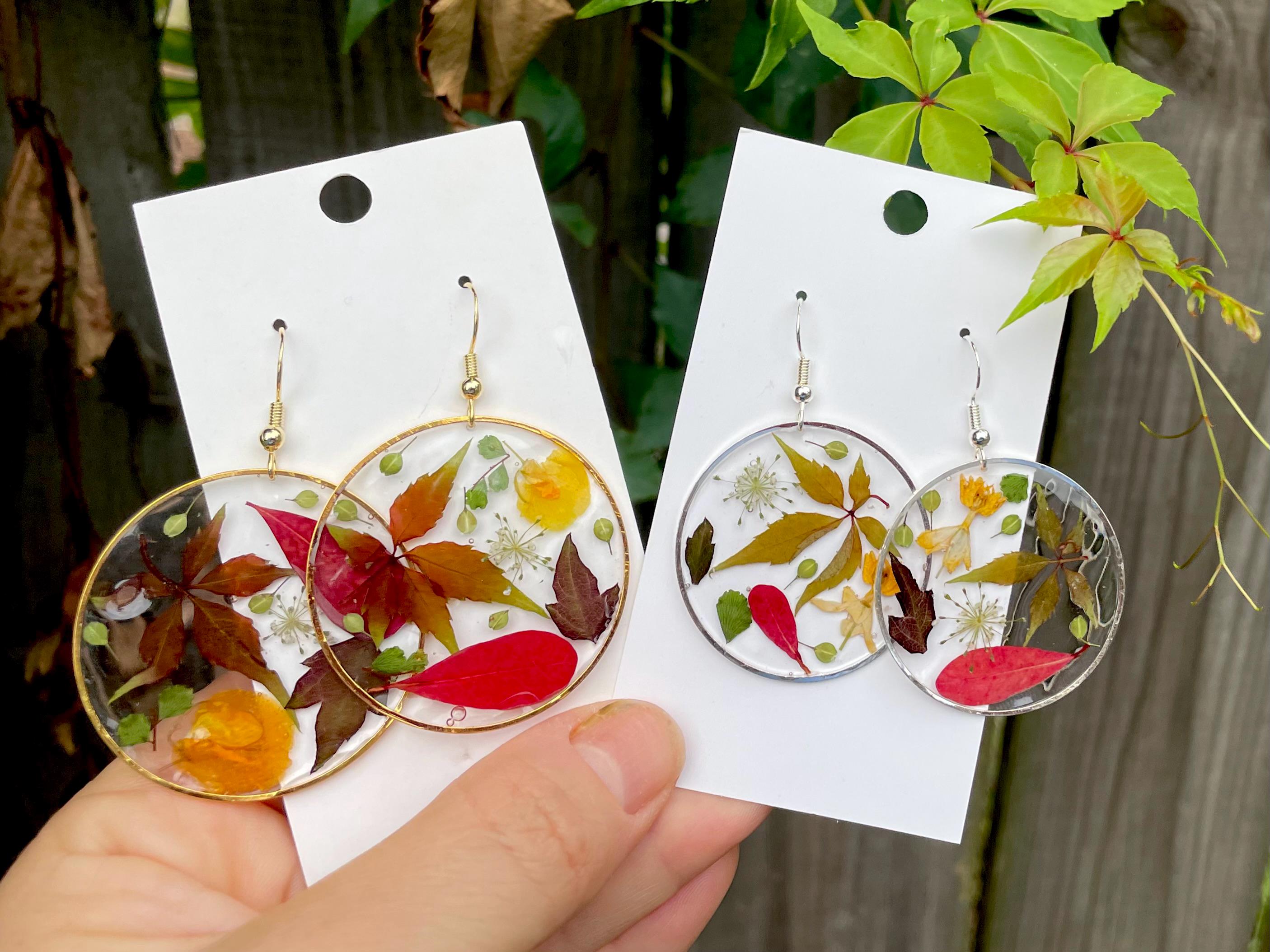 Fall Resin Earrings: Real Autumn Leaves, 14K Gold or Sterling Silver
