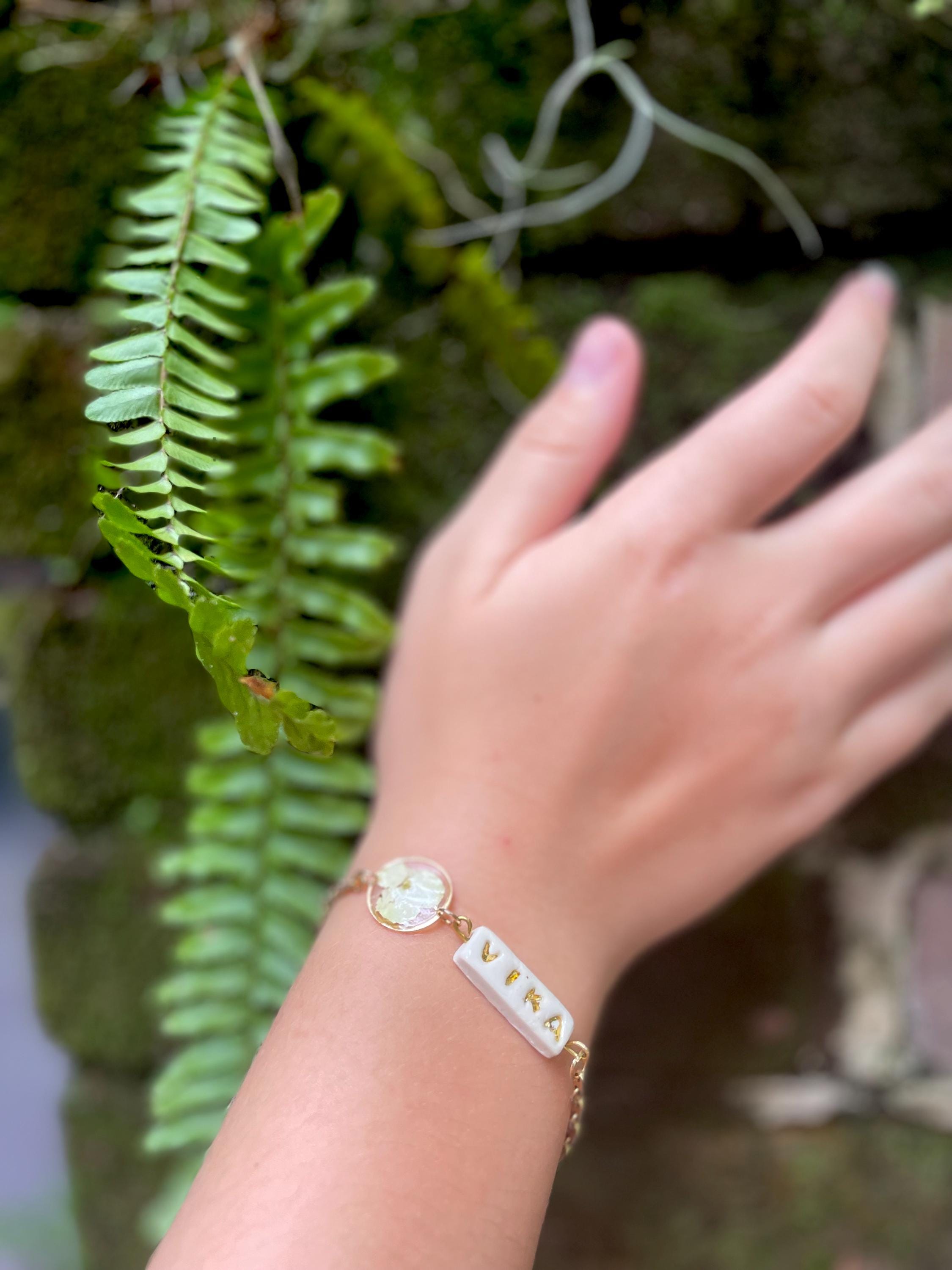 Personalized Name Bracelet: Real Hydrangea Charm, Handmade Porcelain Jewelry