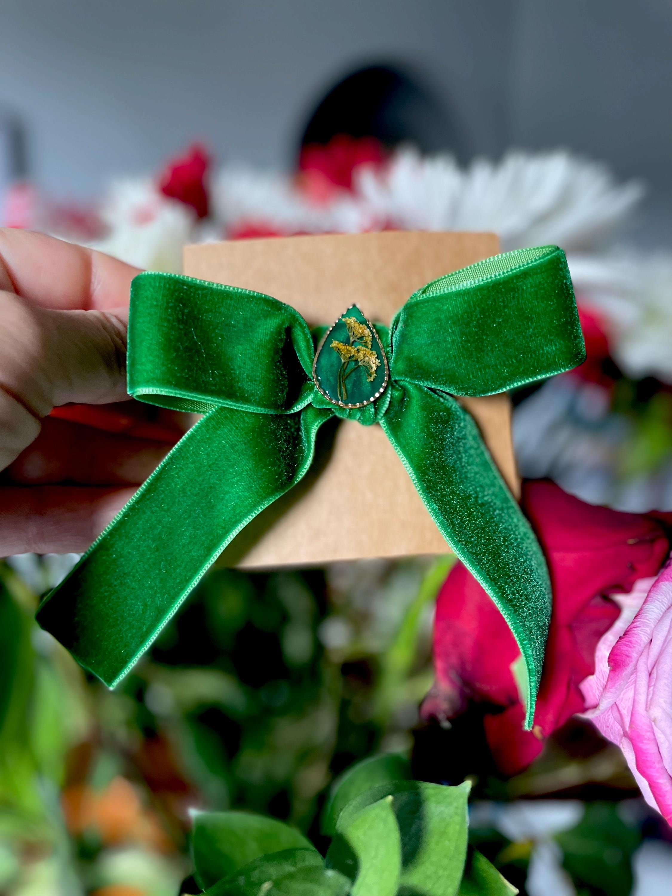 Forest Green Velvet Hair Bow Clip: Real Wildflower Charm