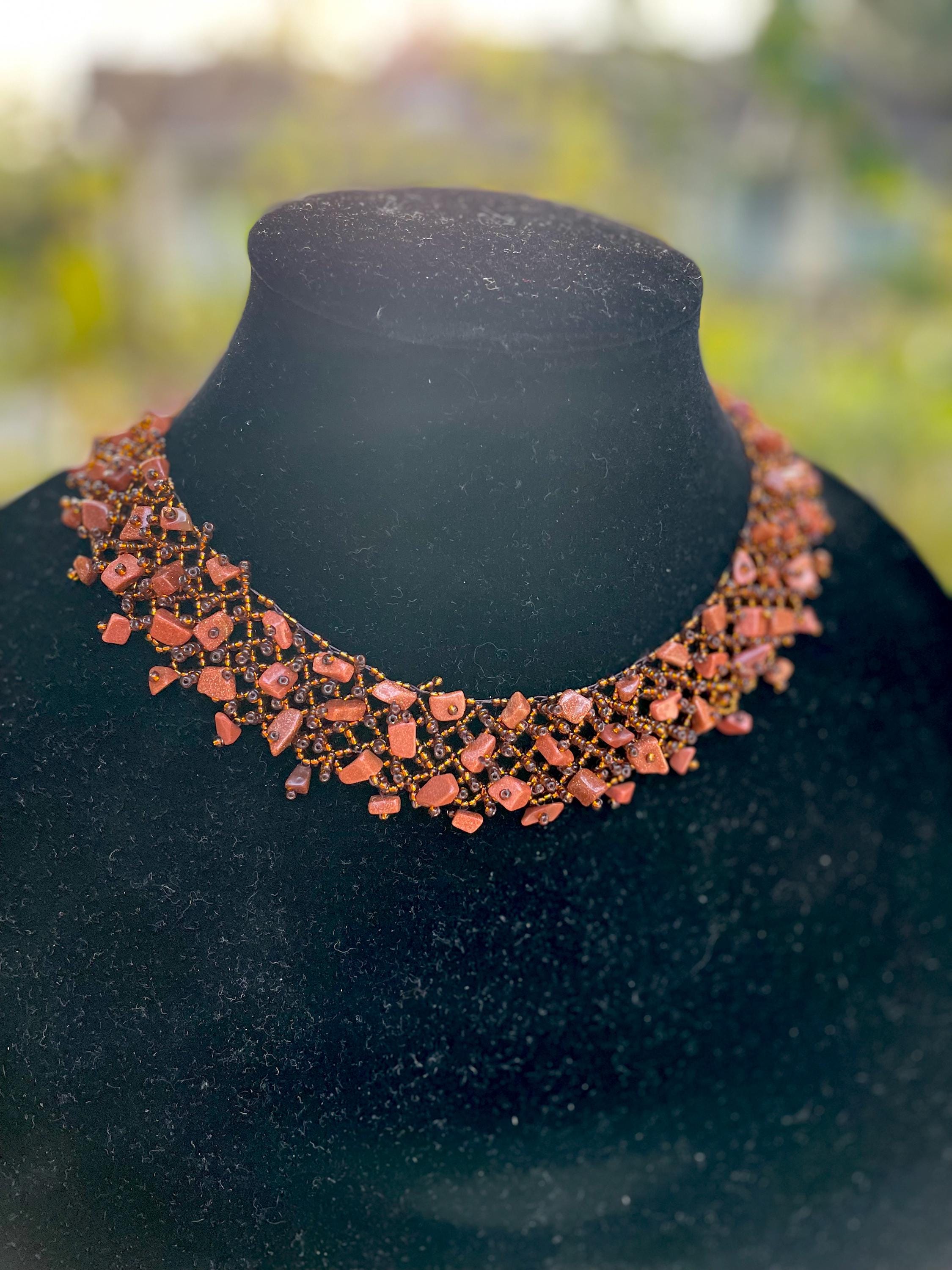 Goldstone Choker Necklace: Multi Strand Crystal Collar, Prom Bridal Jewelry