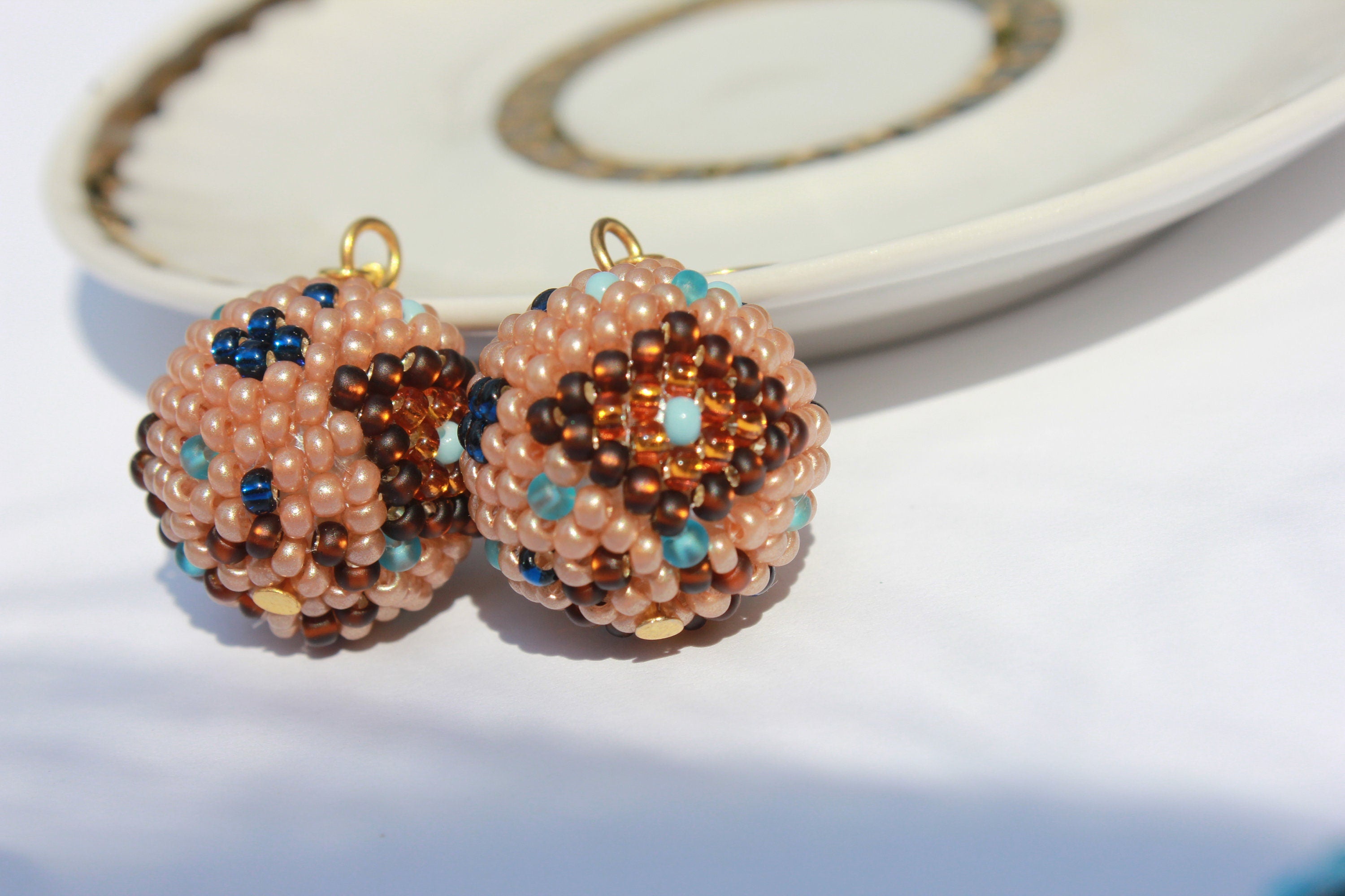 Teacher appreciation gift brown and blue Crocheted geometric bracelets for women, Mothers Day gift idea for wife, Seed Bead bangle Beadwork