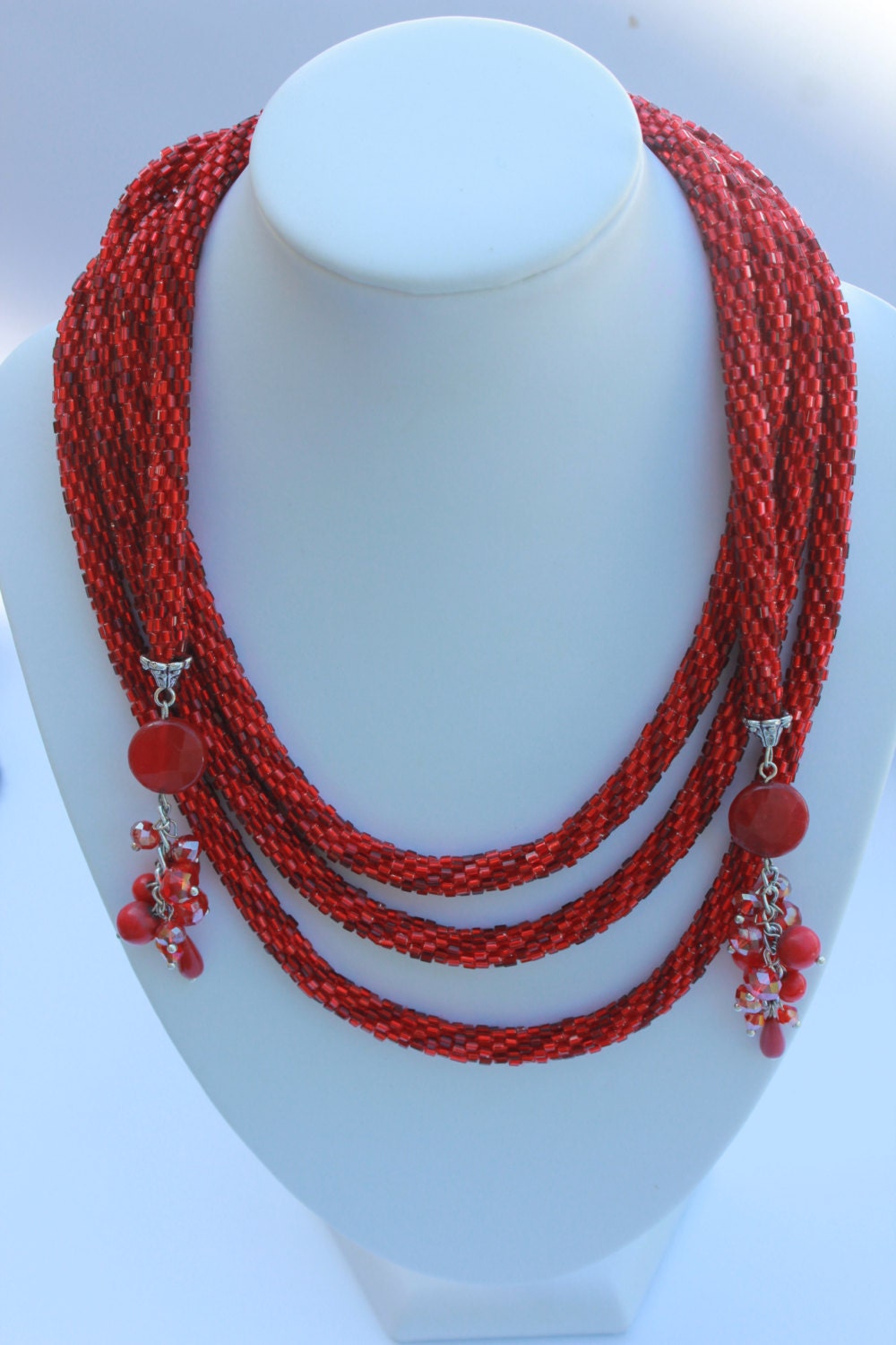 Christmas Ruby red Bead necklace, Beaded Layered Necklace Choker Gift For Her, Crochet Rope belt, Bohemian jewelry crystal lariat for wife