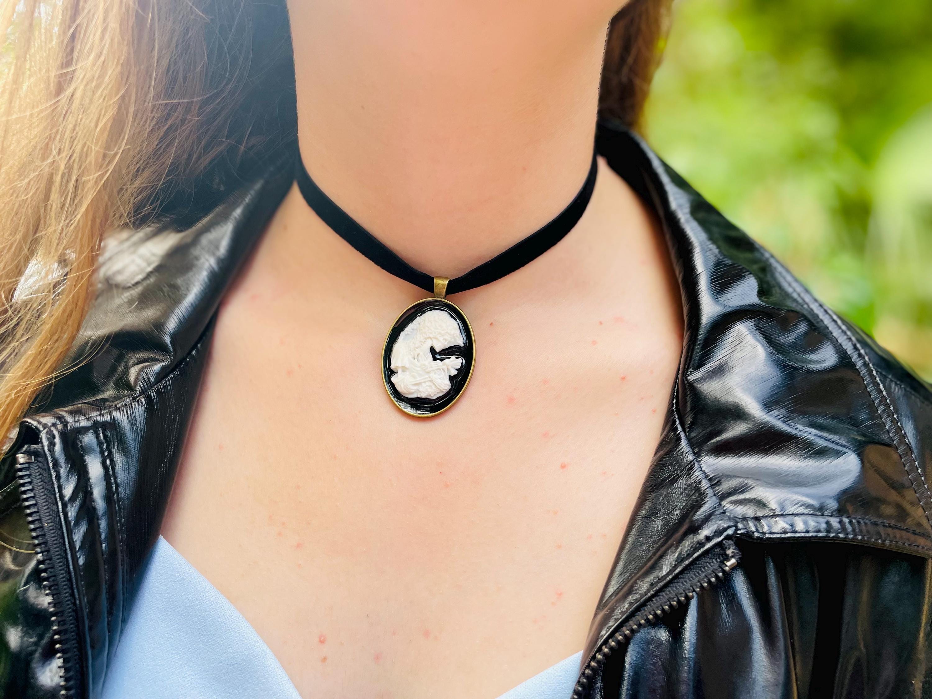 Skeleton Cameo Necklace: Halloween Velvet Ribbon Pendant, Victorian Gothic Jewelry