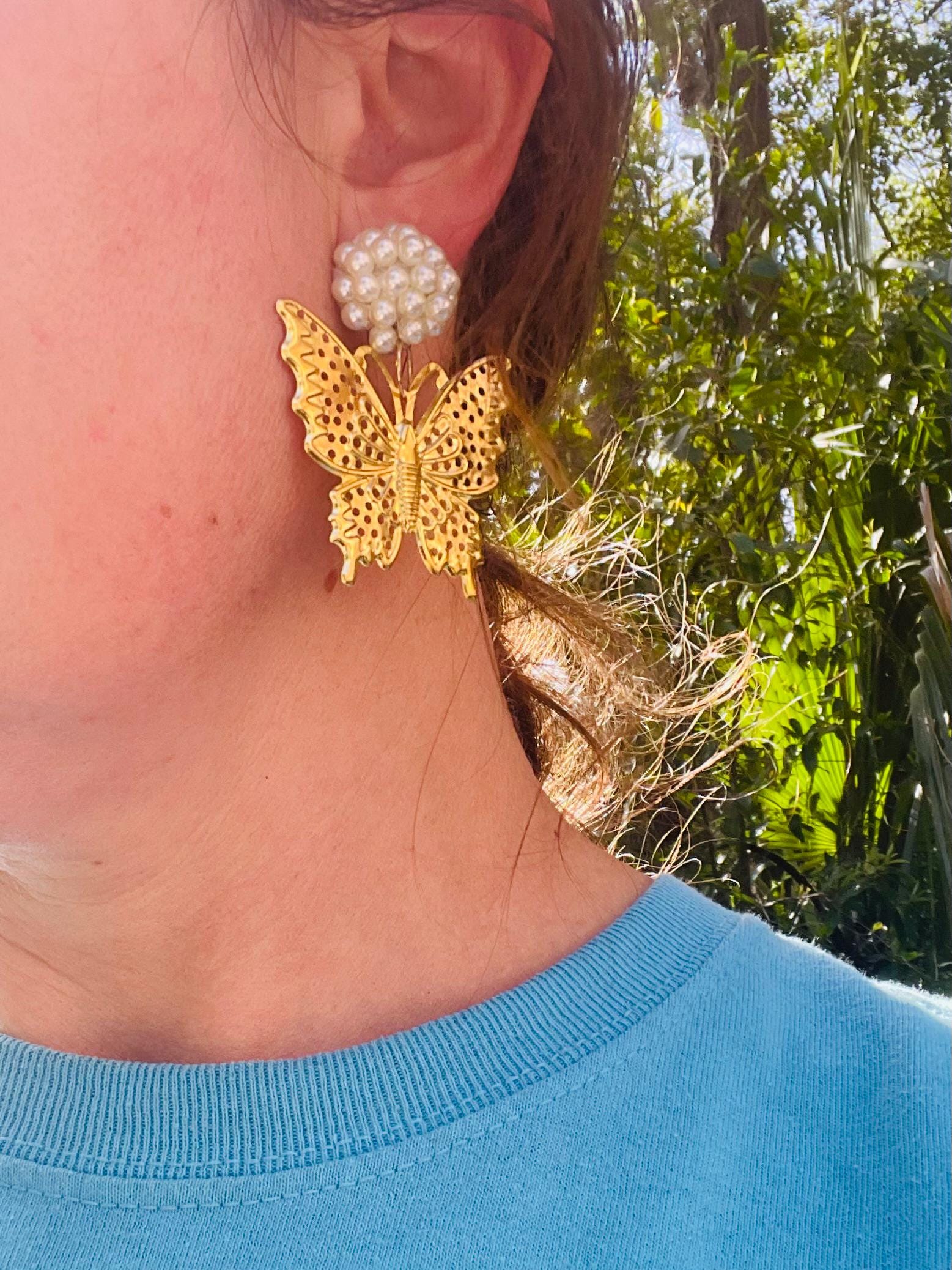 14k Gold Butterfly Clip On Earrings: Pearl Filigree Dangle