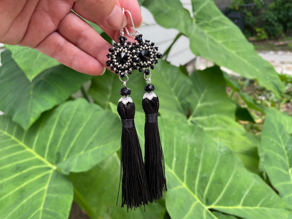 Handmade Black and Silver/Gold Swarovski Crystal Silk Tassel Chandelier Earrings for Women 3-6 inch Long Custom Tassel Color