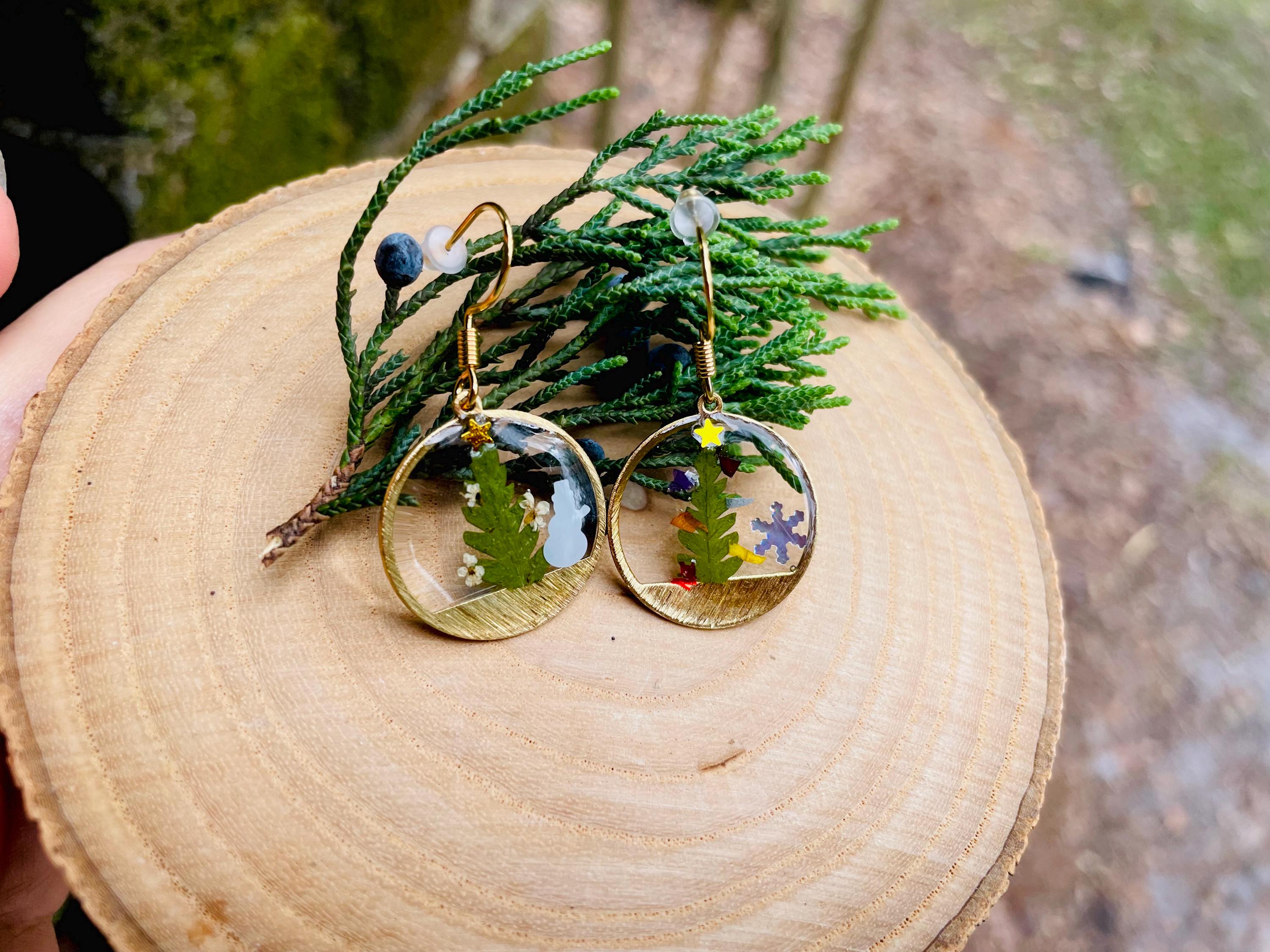 Gold Christmas Tree Earrings: Real Fern, Snowman, Holiday Dangles