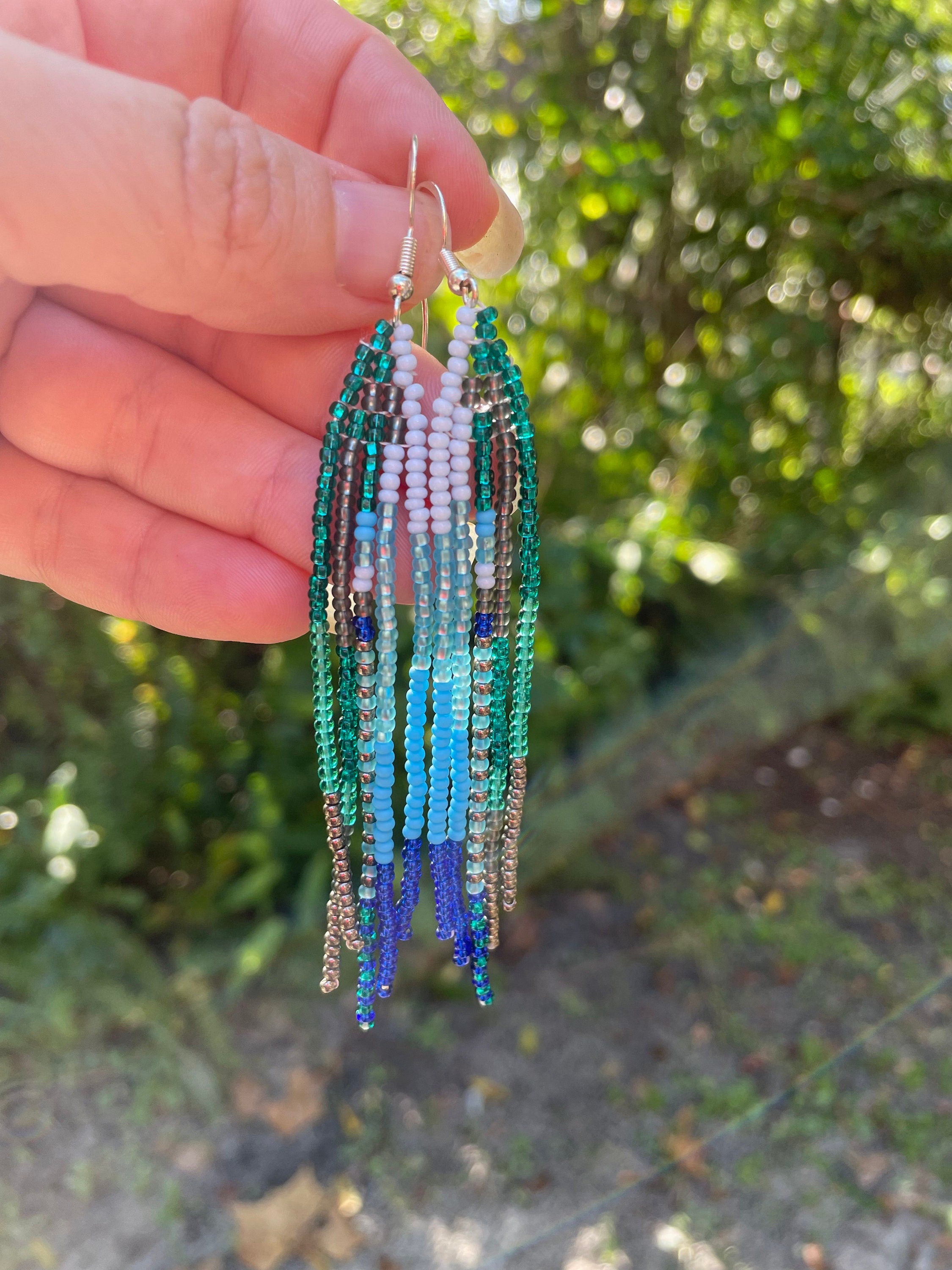 Patina blue Turquoise beaded earrings Long Emerald green Fringe earrings Ombre Chandelier Seed bead earrings Boho beadwork Dangle handmade