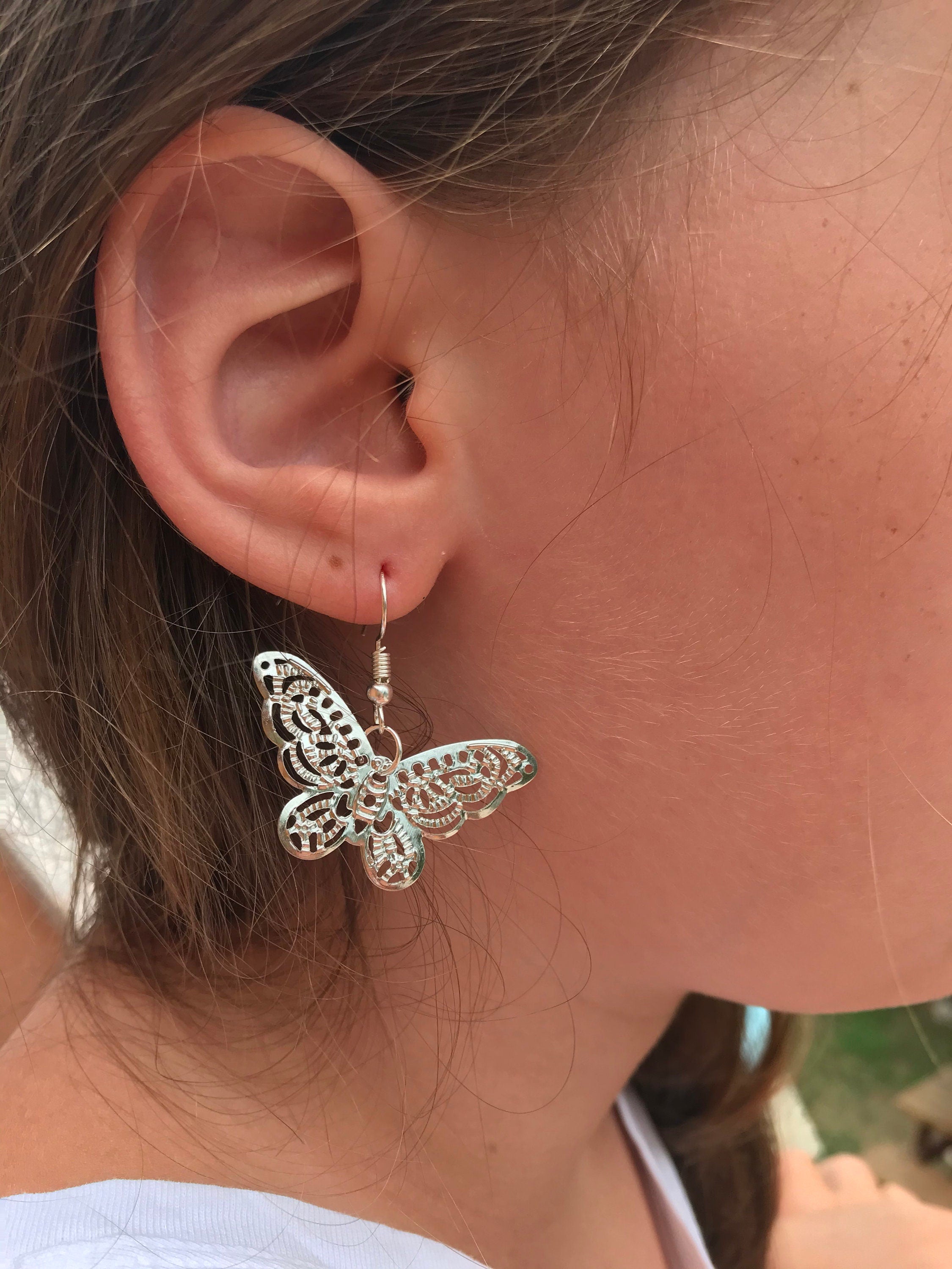 14k gold huggie earrings, filigree butterfly earrings, huggie hoop earrings silver, butterfly earrings dangle, silver butterfly earrings
