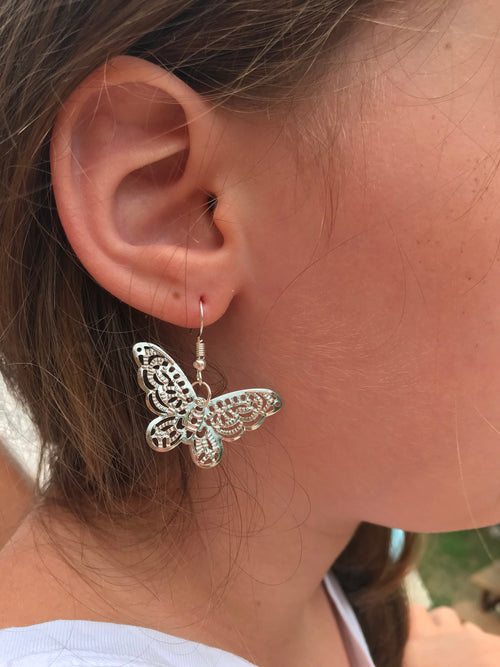 14k gold huggie earrings, filigree butterfly earrings, huggie hoop earrings silver, butterfly earrings dangle, silver butterfly earrings