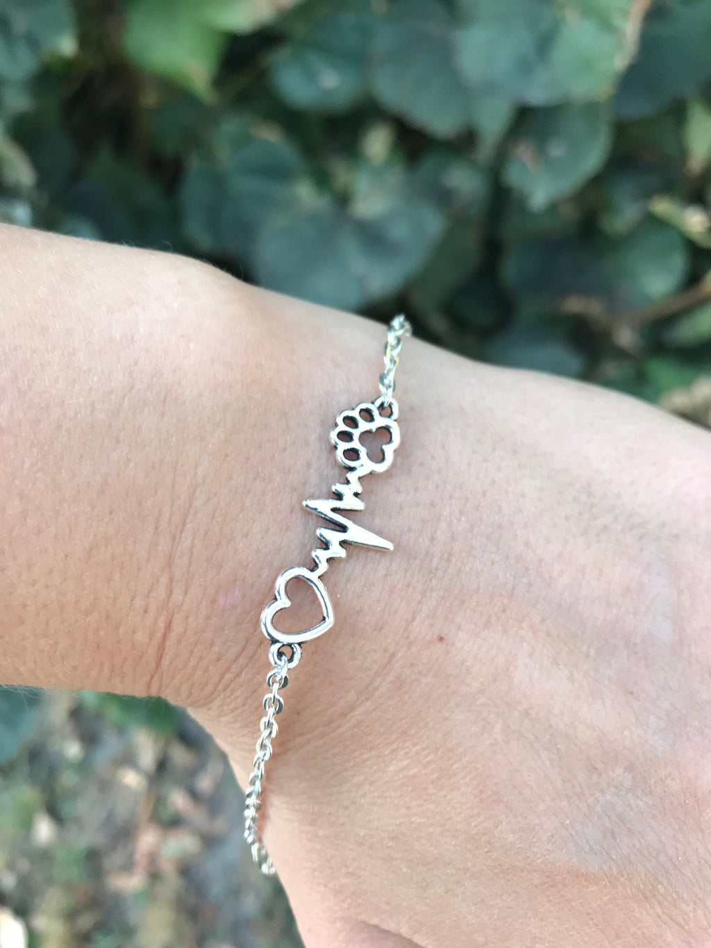 Paw Print Bracelet, Sterling silver Heartbeat charm chain bracelet, Dog Cat Mom Jewelry Dainty Paw Charm Bracelet for Women