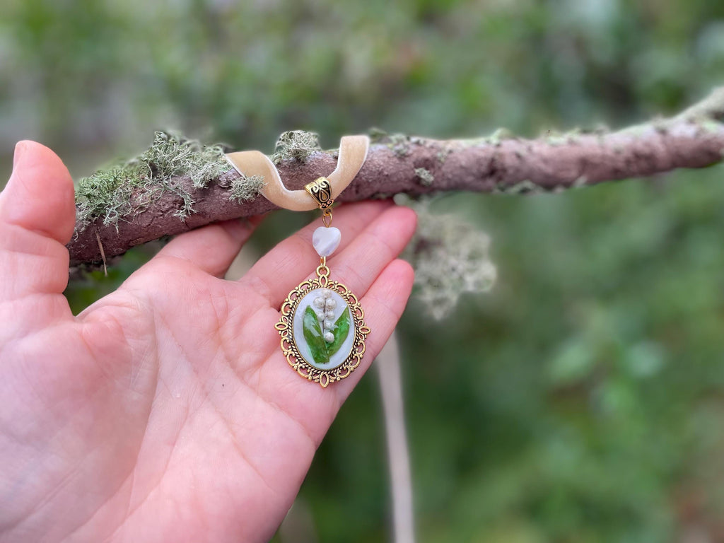 Lily of the Valley Necklace: Real Flower Pendant, Mother of Pearl Heart, Velvet Ribbon