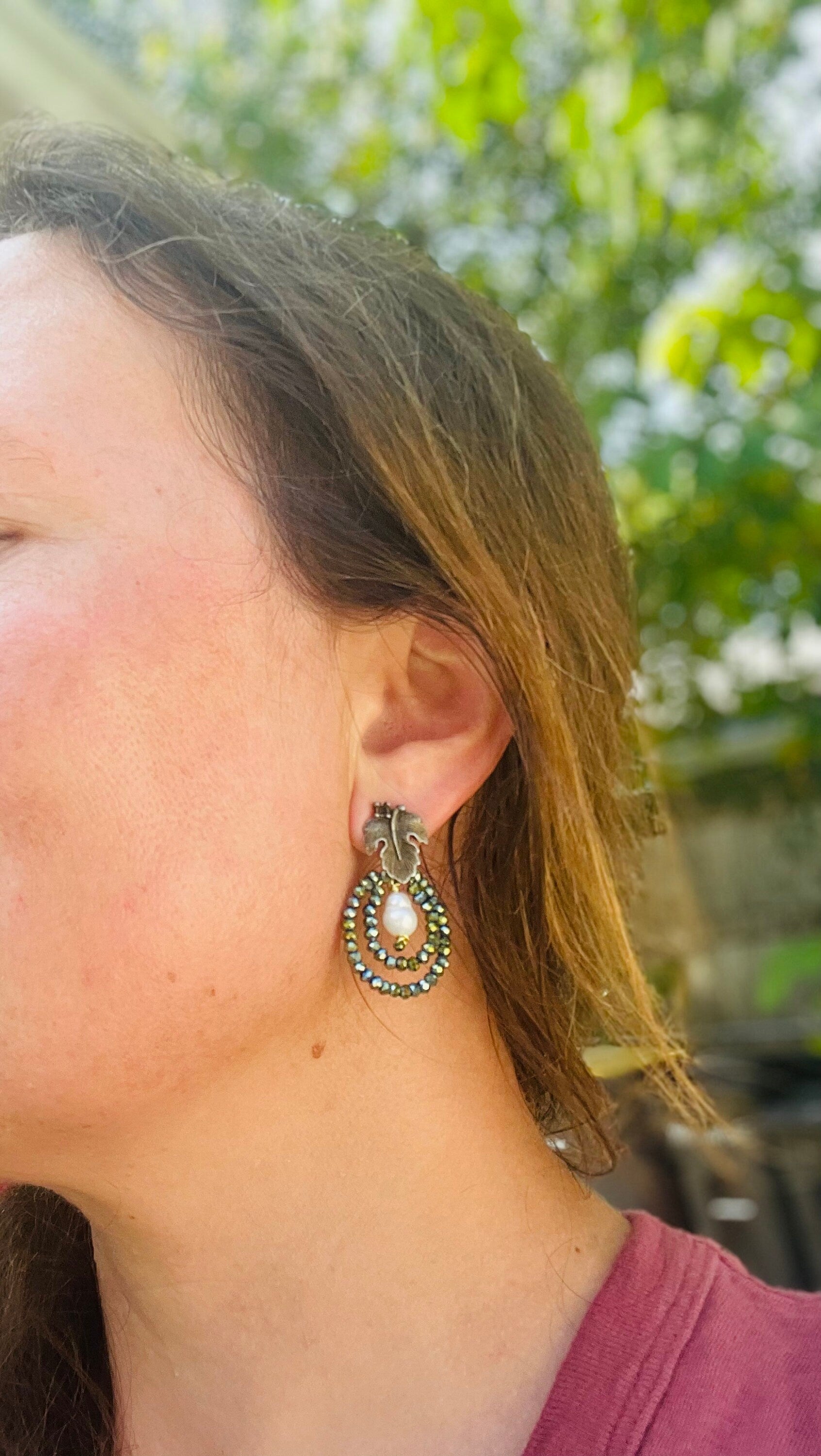 Leaf earrings stud,  Unique handmade earrings, green Swarovski crystal statement earrings, hoop earrings dangle, baroque pearl earrings mom