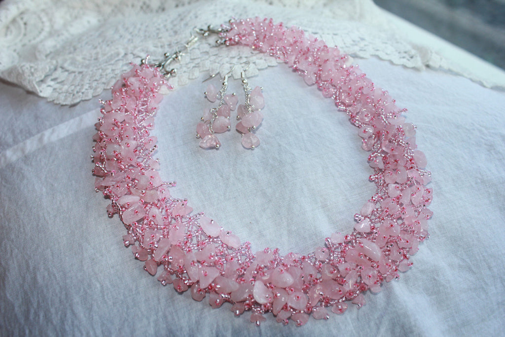 Rose Quartz October Birthstone Necklace Collar & Bridal Earrings Set: Personalized Crystal Wedding Jewelry