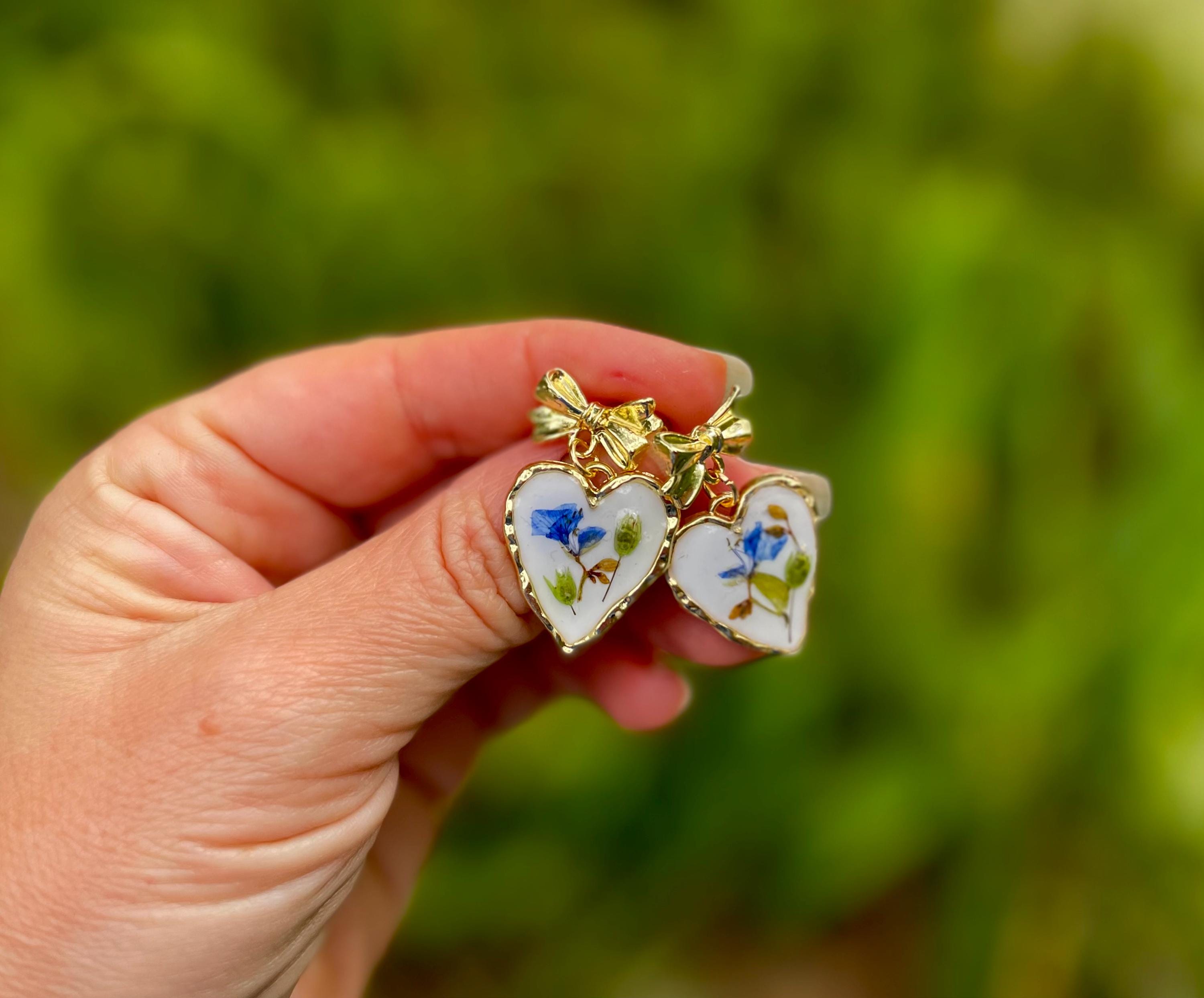 14 K Gold Bow Earrings Stud: Japanese Porcelain Inspired Heart Earrings Real Flower