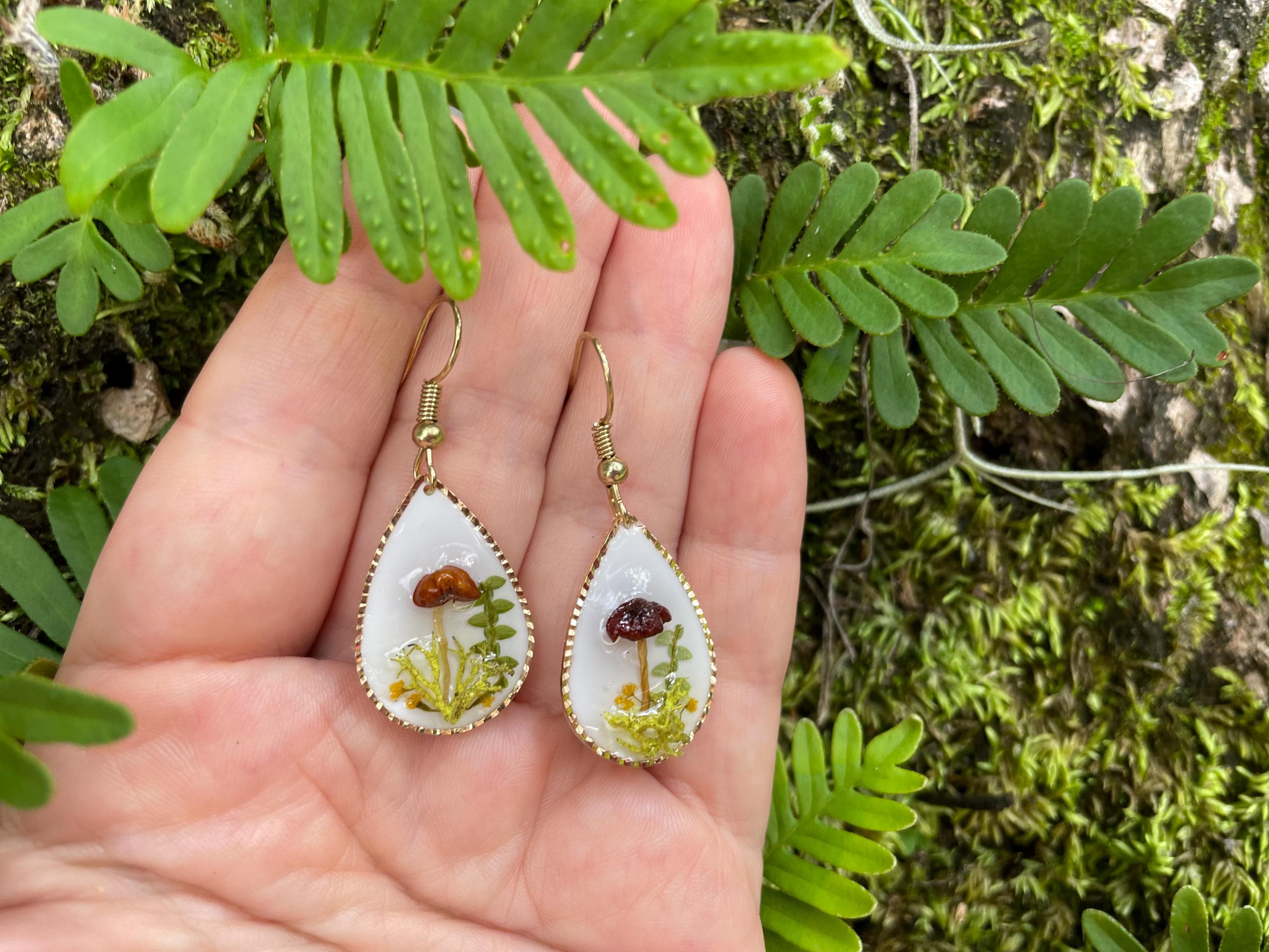 Teardrop Mushroom Moss Earrings: 14K Gold Dangle, Woodland Fairy Jewelry