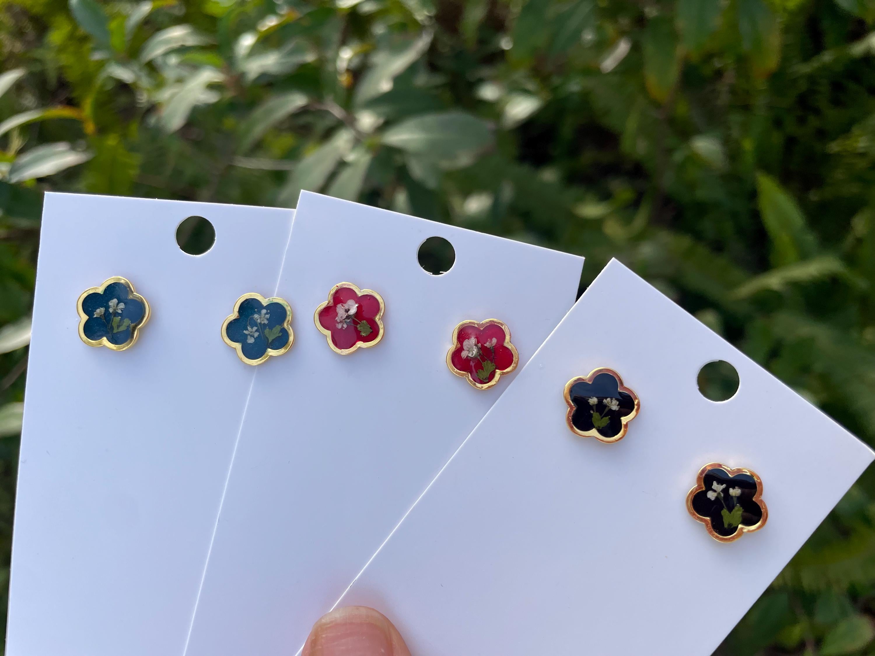 Tiny Pressed Flower Stud Earrings: Gold Botanical Jewelry, Birthstone Color