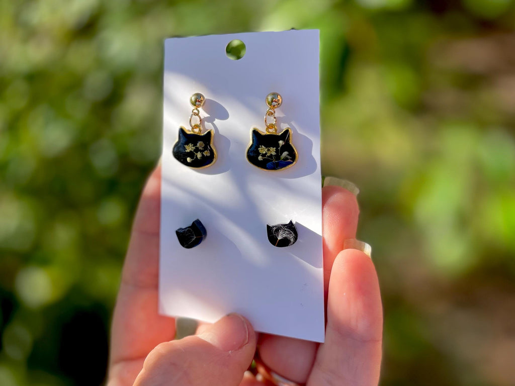 Black Cat Halloween Stud Earrings for Women Men: Dainty Gothic Hypoallergenic Pressed Flower Jewelry