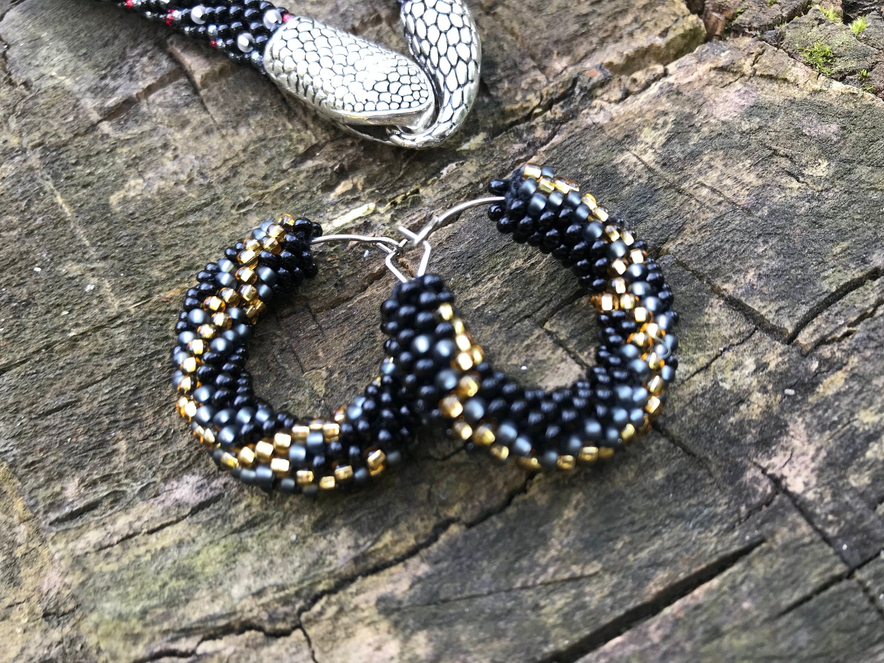 Halloween Snake earrings, black hoop earrings beaded, tribal earrings witch jewelry, modern earrings women, gothic crochet earrings handmade
