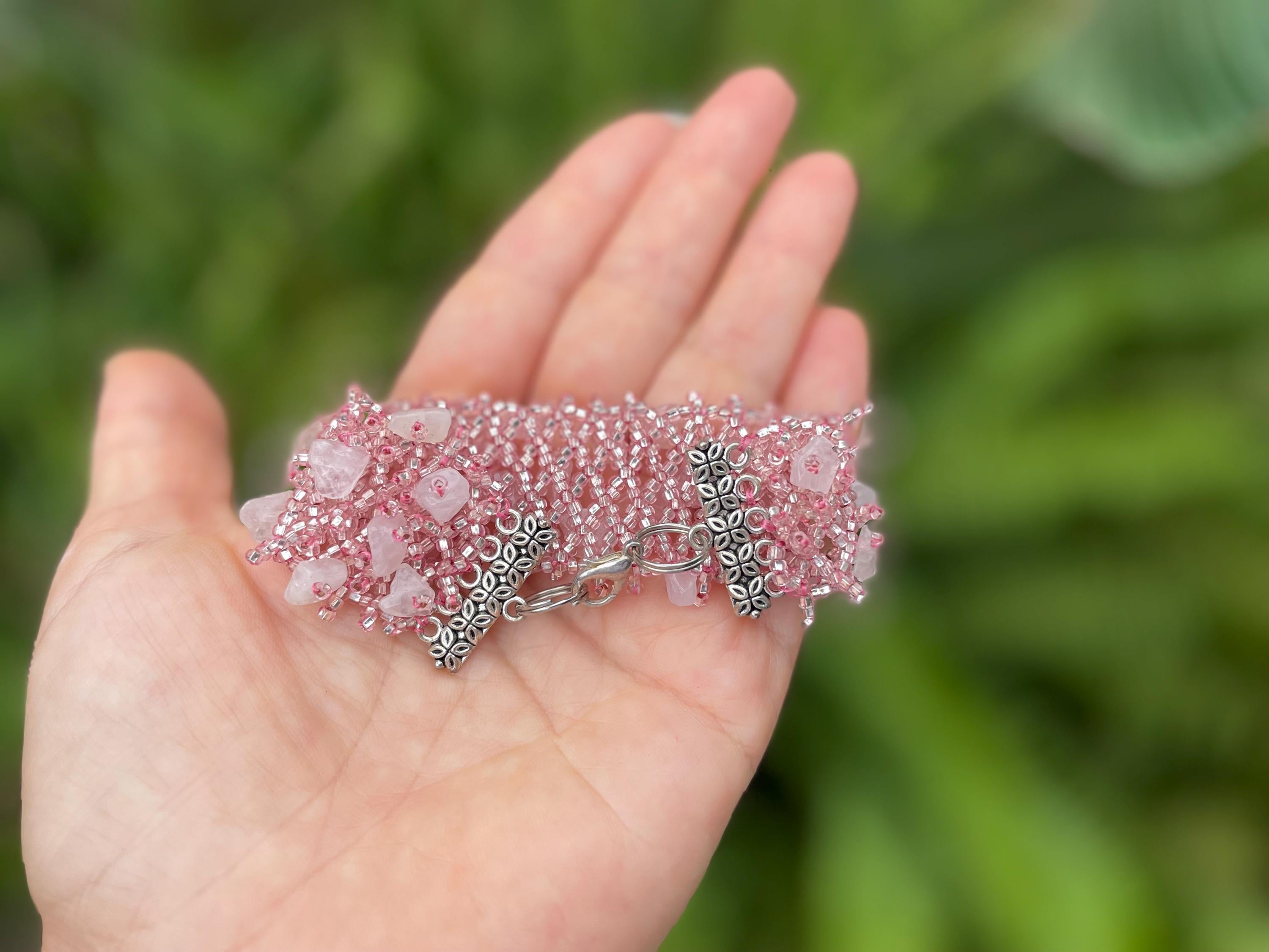 Handmade Rose Quartz Bracelet: Stainless Steel Cuff, Raw Crystal