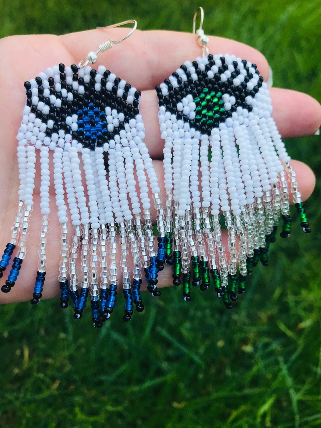 Evil eye earrings, long beaded earrings, Custom eyes color Earrings, white seed bead Earrings fringe, best friend personalized holiday gift