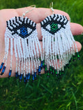 Evil eye earrings, long beaded earrings, Custom eyes color Earrings, white seed bead Earrings fringe, best friend personalized holiday gift