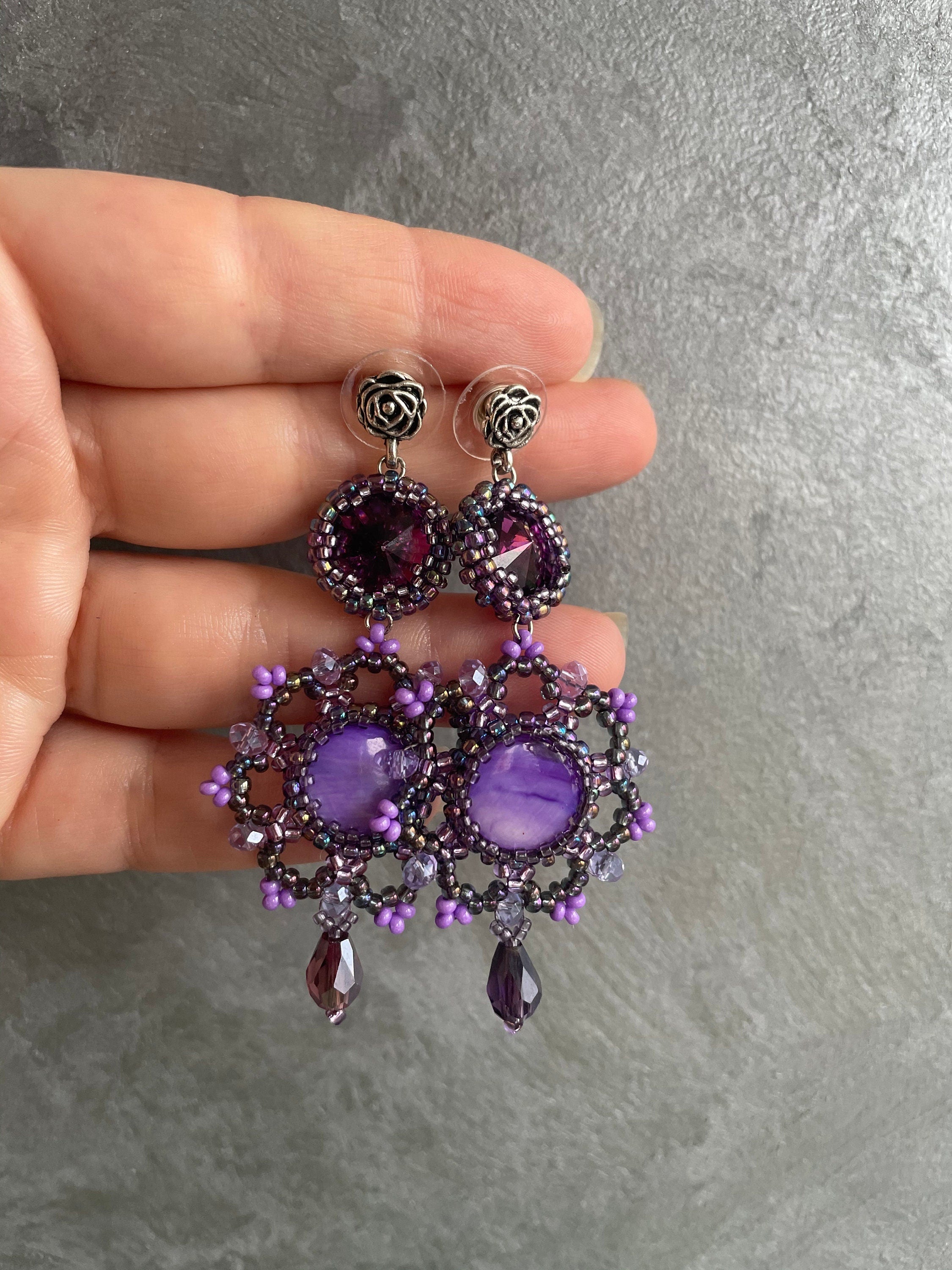 Purple  earrings beaded Unique gift for her,  Amethyst Swarovski crystal and mother of the pearl beaded earrings, Long drop earrings wife