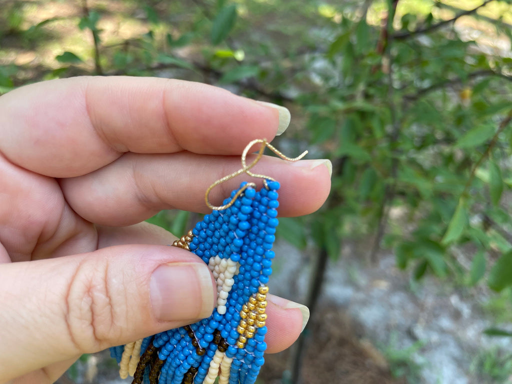 Gold Filled 14K Turquoise beaded earrings, Long earrings, Fringe earrings Native American Seed bead earrings, Abstract Chandelier earrings