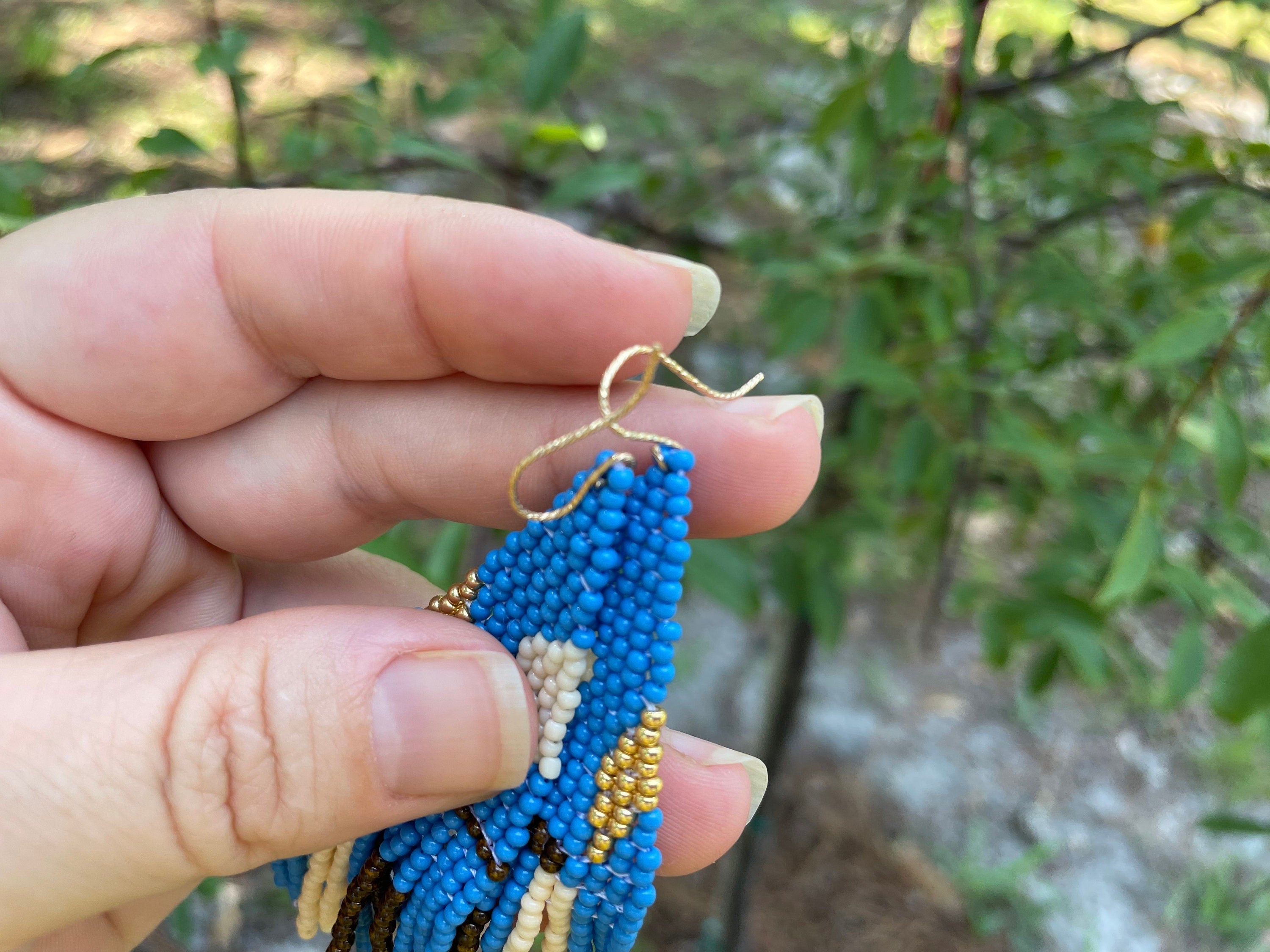 Gold Filled 14K Turquoise beaded earrings, Long earrings, Fringe earrings Native American Seed bead earrings, Abstract Chandelier earrings