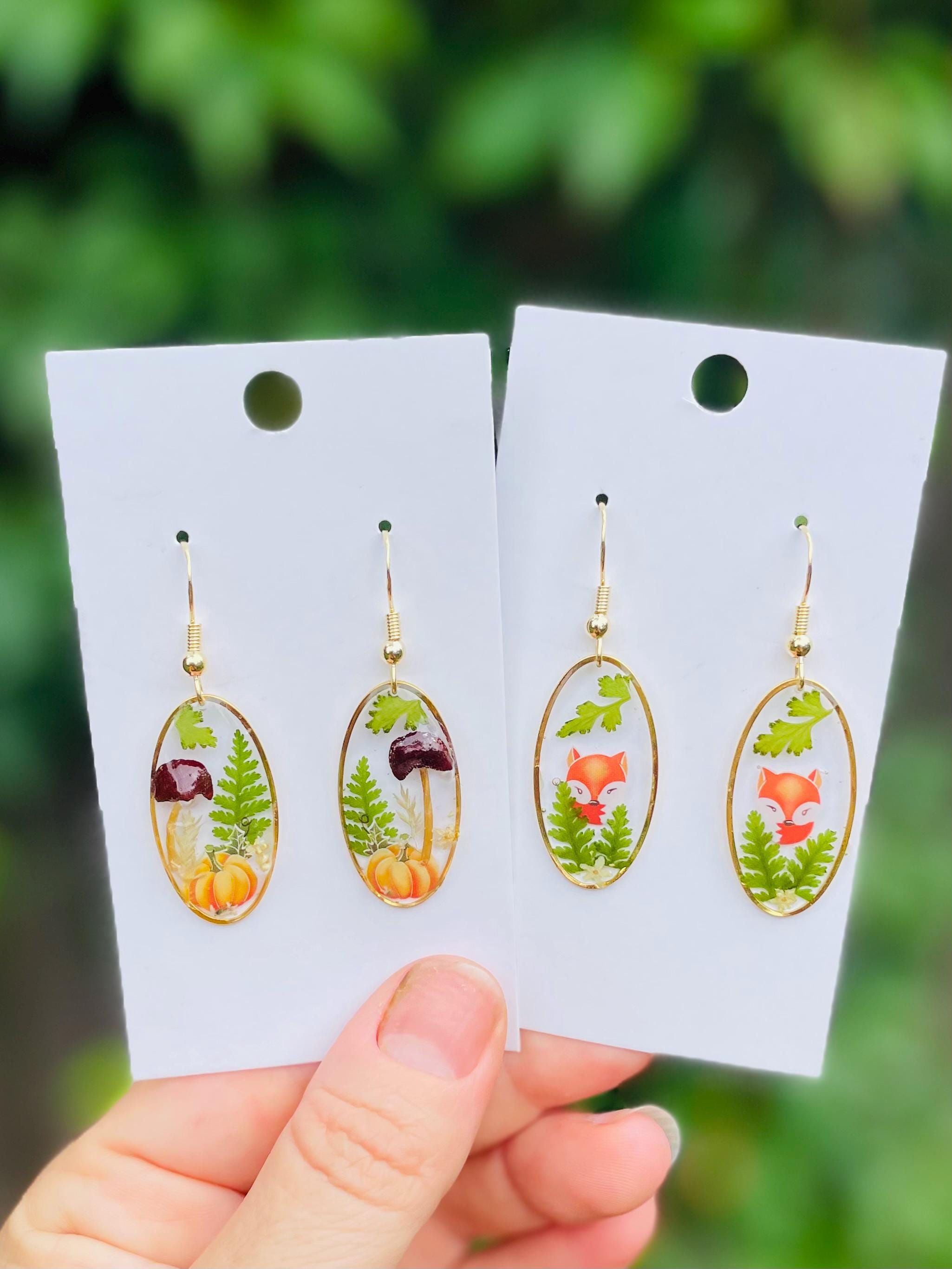 14K Gold Resin Dangle Earrings: Real Mushroom, Pumpkin, Fern & Flowers