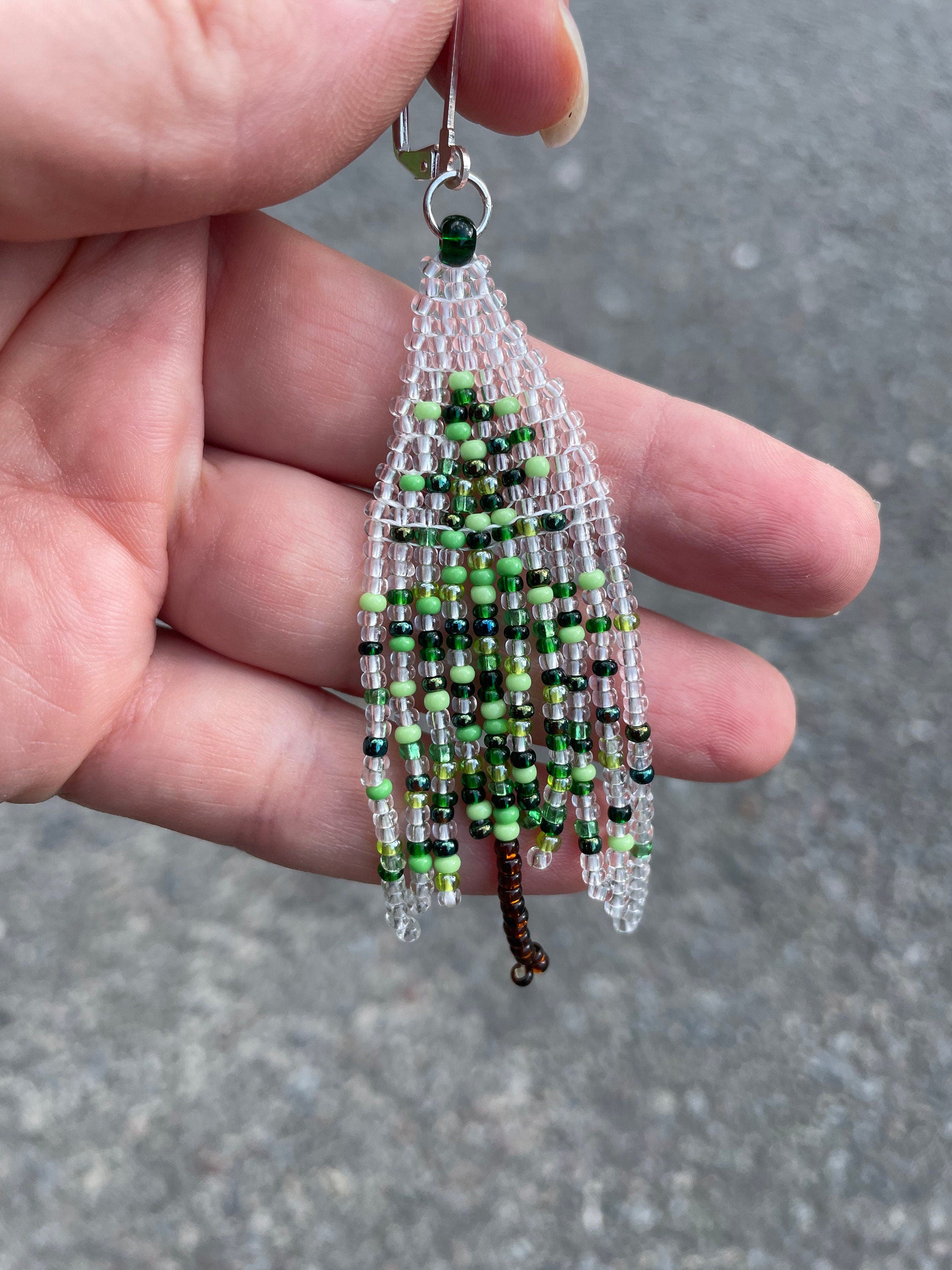 Christmas earrings dangle, Abstract Beaded Fringe earrings, Christmas tree seed bead earrings Green transparent Long earrings Boho Handmade