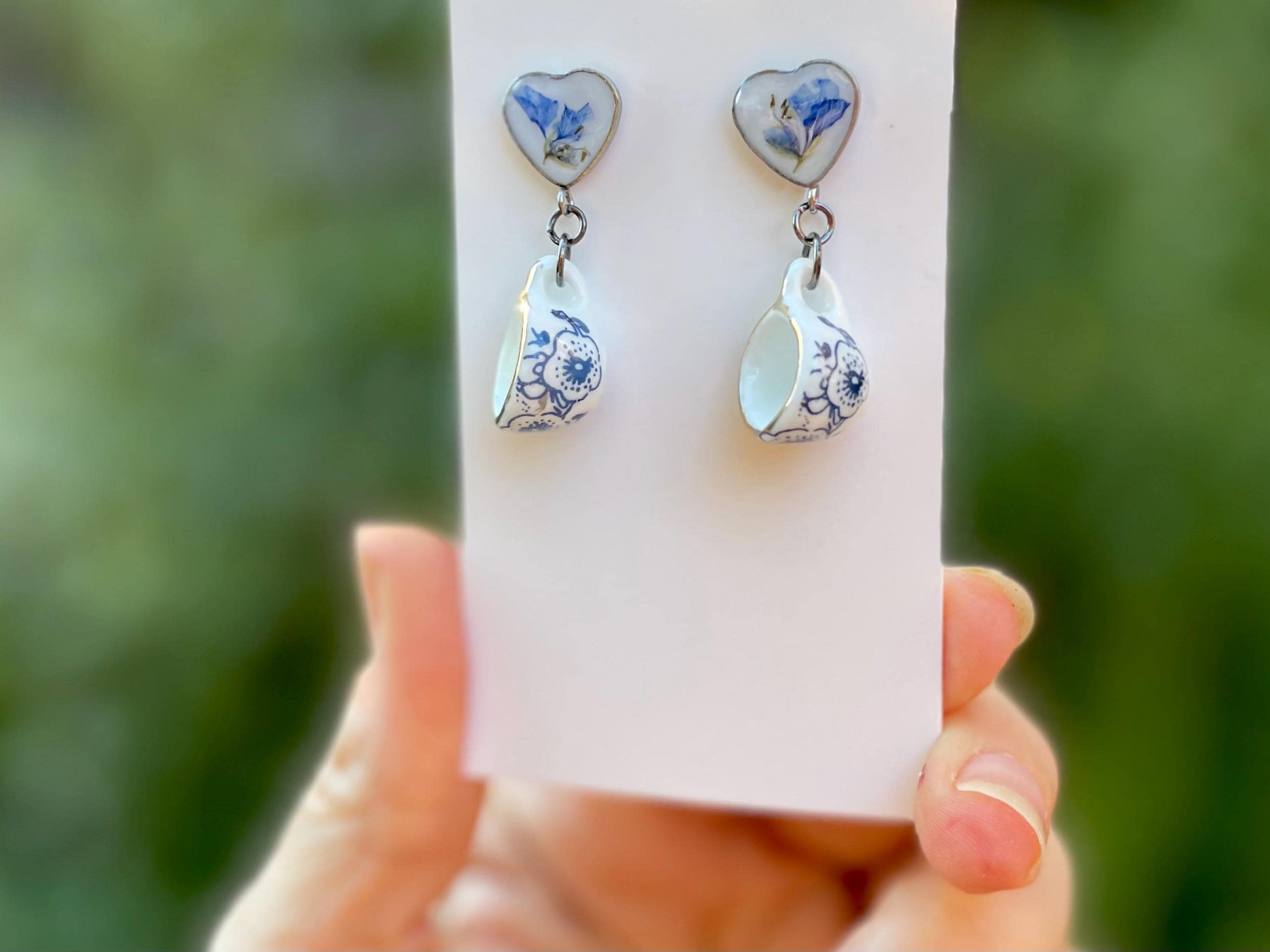 Silver Butterfly Earrings, Filigree Luna Moth Dangles: Blue Flower Resin Insect Jewelry