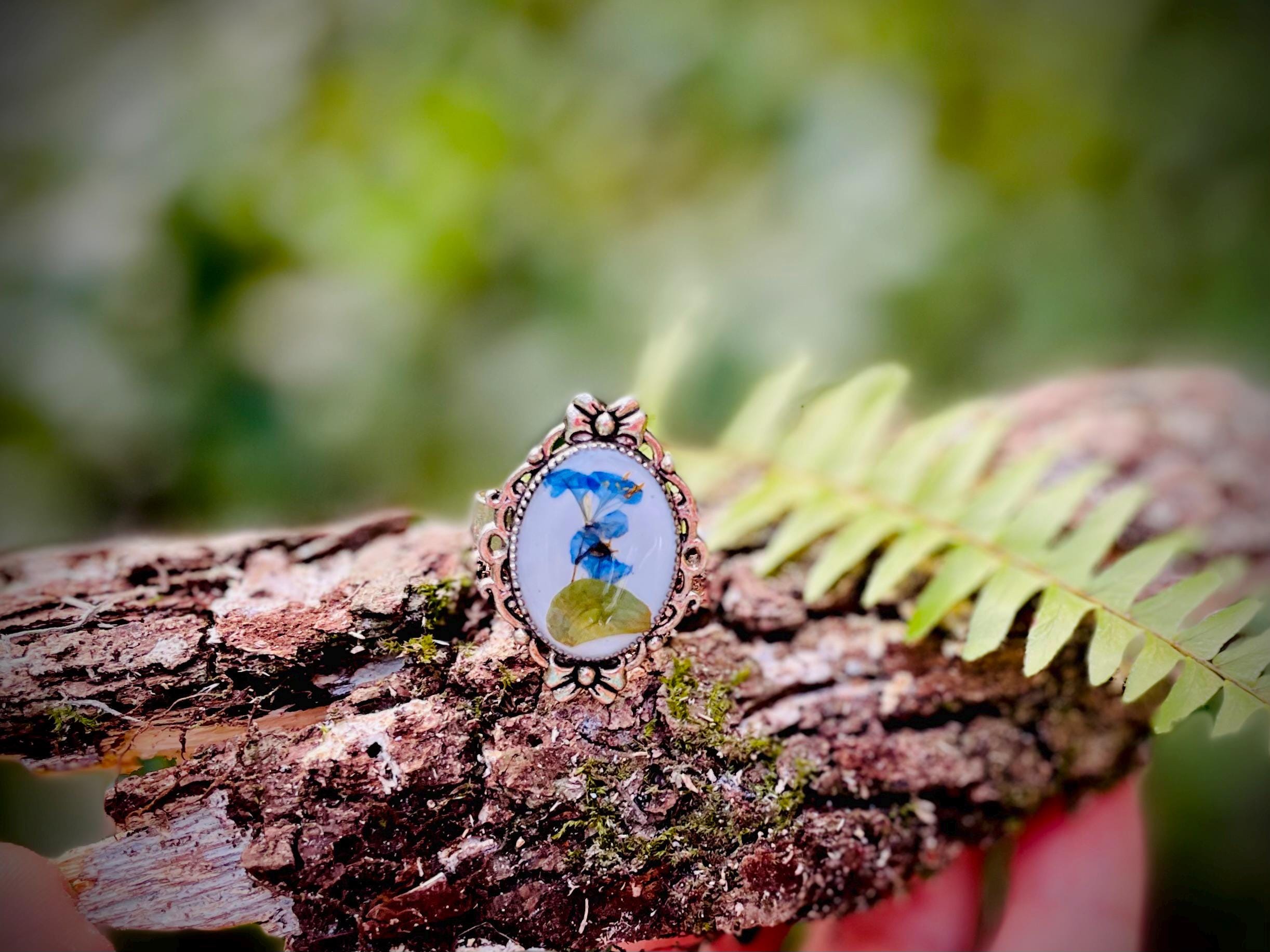 Handmade Pressed Flower Ring: Blue Wildflower Cameo, Adjustable Silver Band