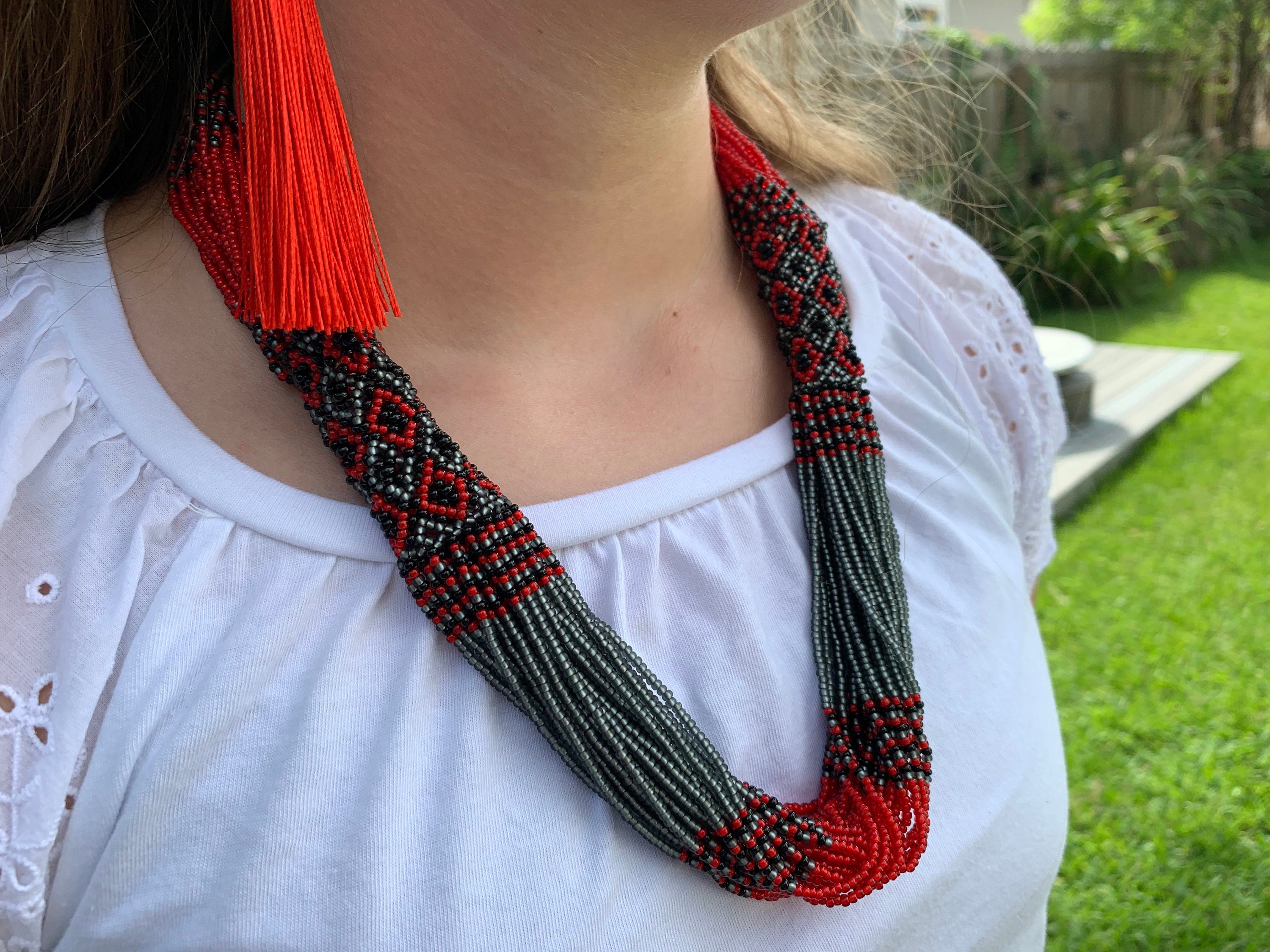 Red and black Folk Ukrainian necklace Ukrainian Beaded Necklace Seed bead vyshyvanka necklace Multistrand red and gray necklace Bohemian