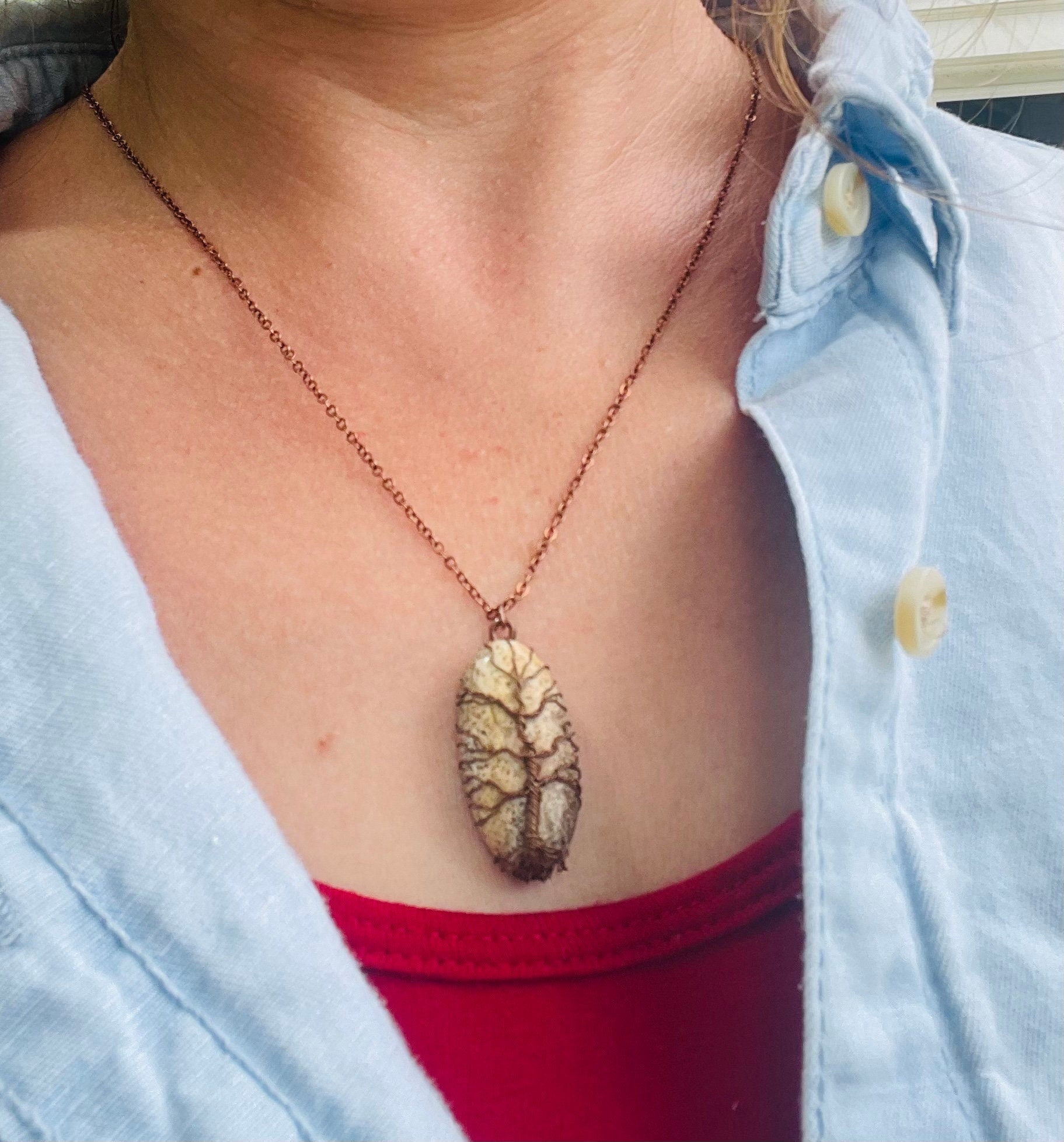 Dainty Copper Wire Wrapped Tree of Life Pendant Oval - Unique Picture Jasper Necklace for Men & Women
