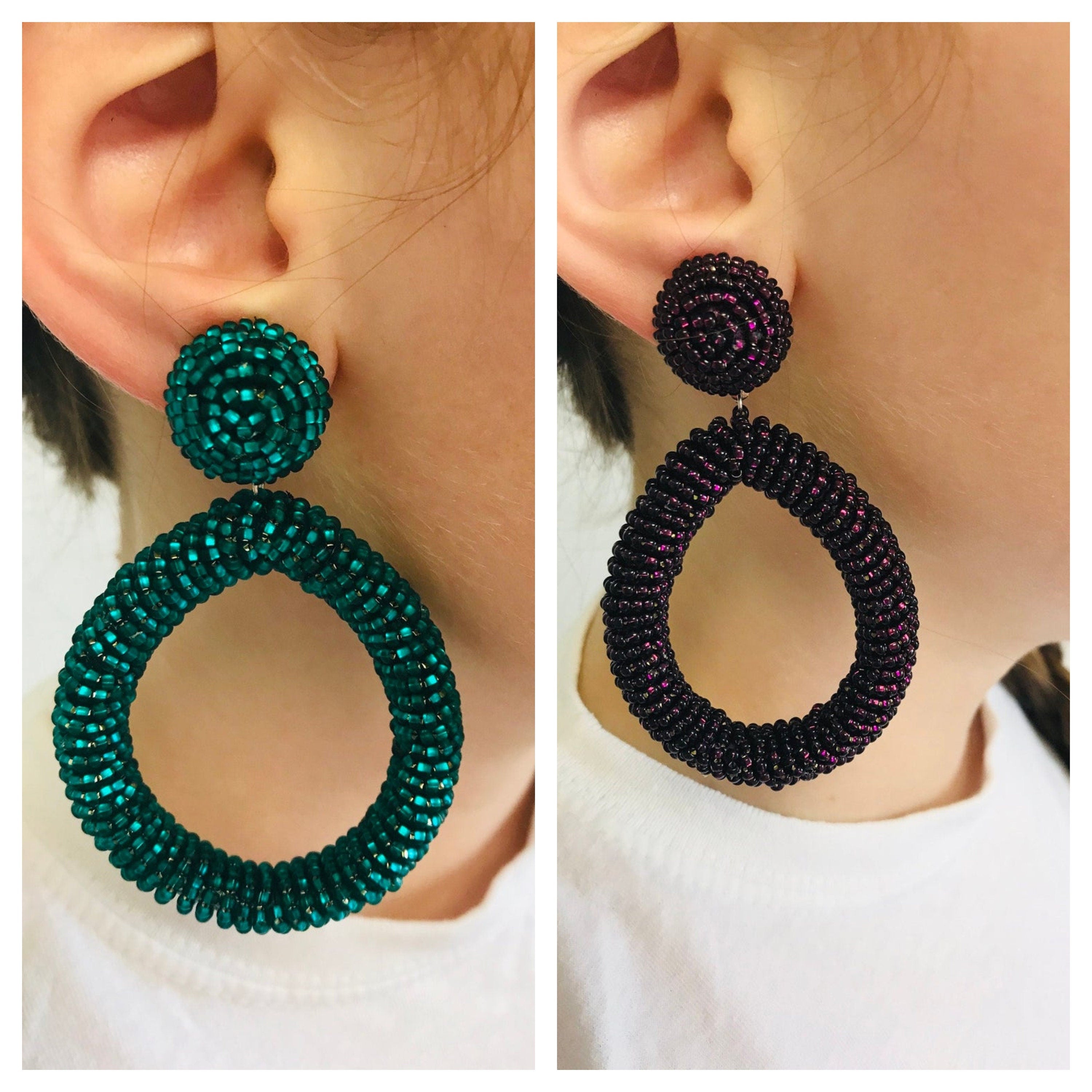 Emerald green earrings, Amethyst beaded earrings clip-on, big Statement earrings, Chunky drop earrings gift for her mom, best friend gifts