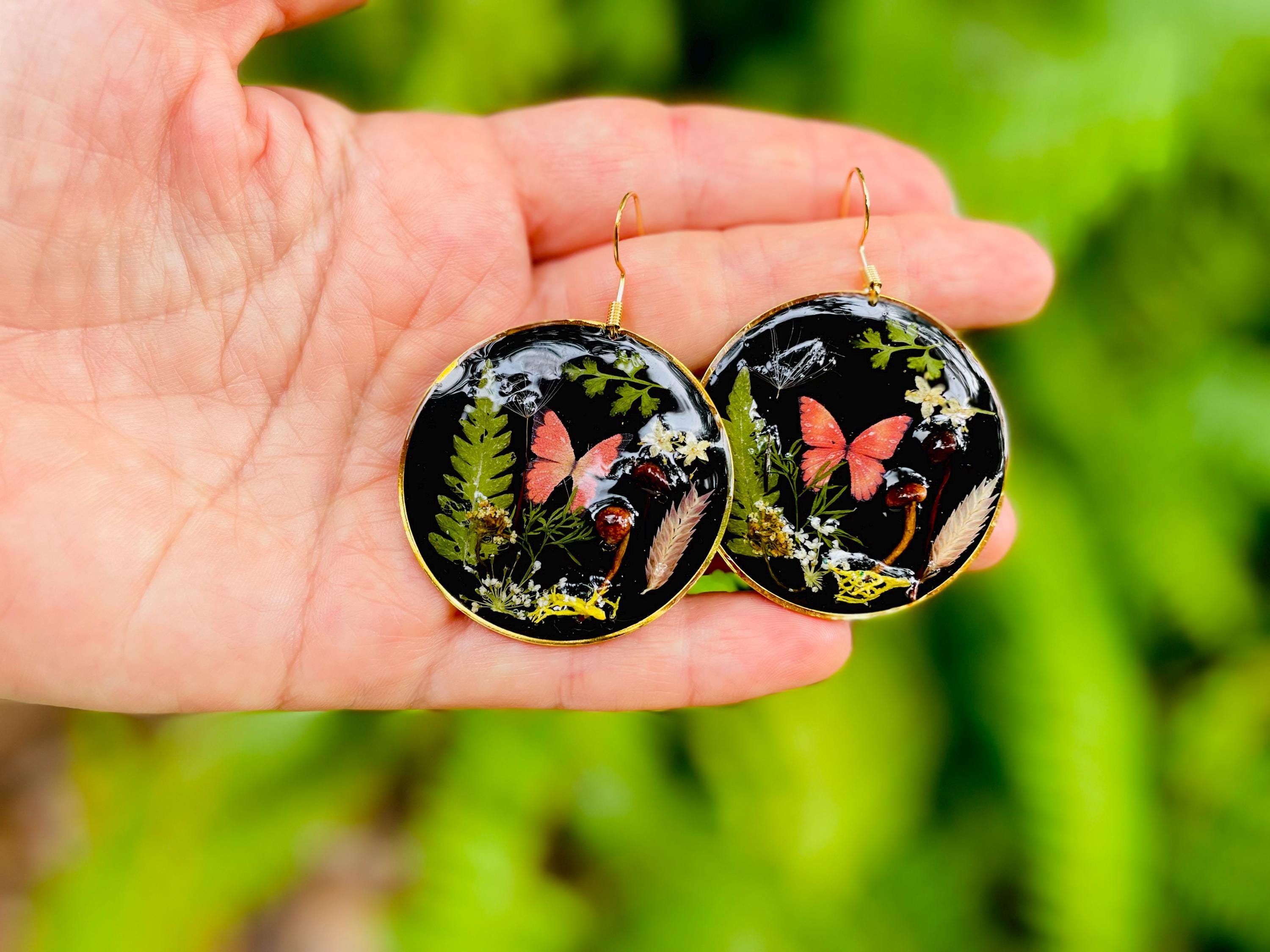 Dark Academia Mushroom Earrings: Real Moss, Fern & Butterfly