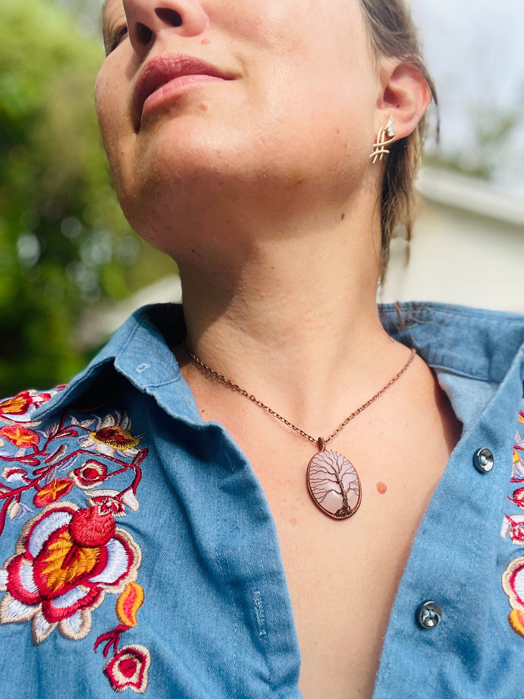 Rose Quartz Tree of Life Necklace: Copper Wire Wrapped Pendant, Custom Initial