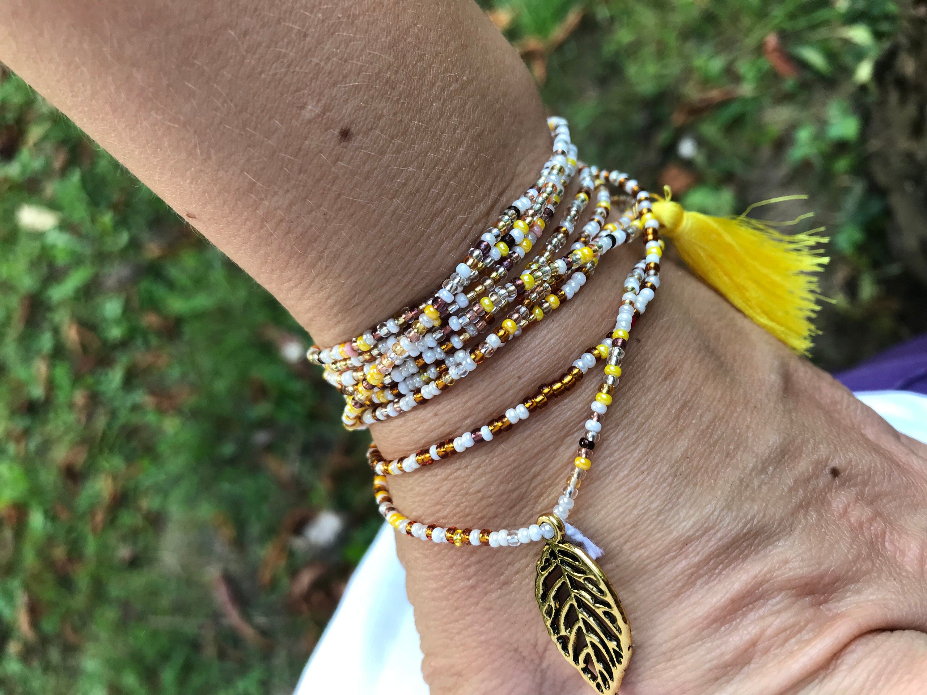 yellow brown beaded wrap bracelet, Fall accessory for girlfriend ~leaf seed bead bracelet~mini tassel bangle for hippie, seed bead necklace