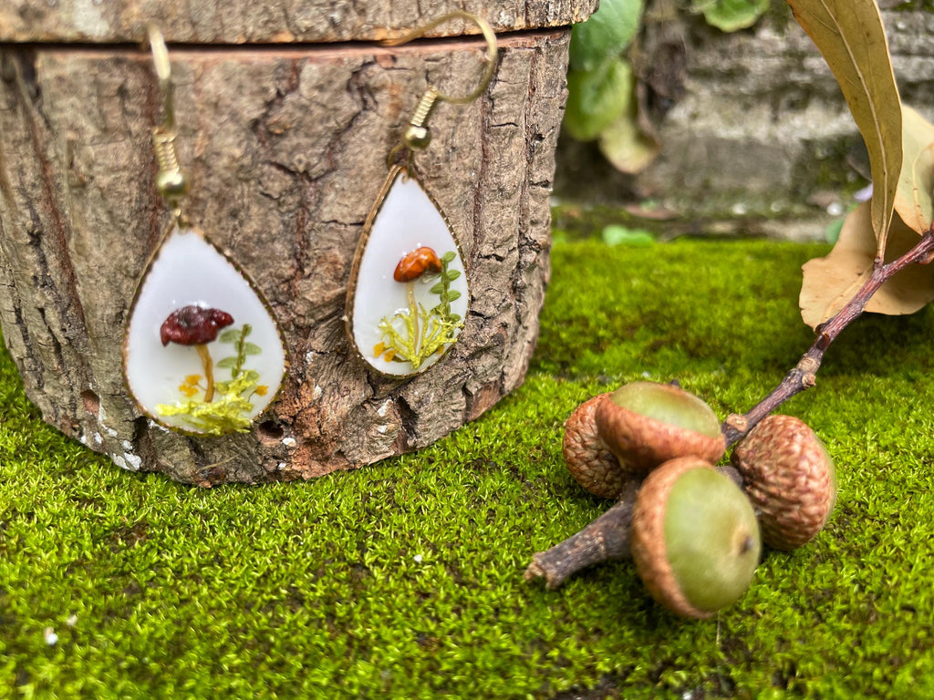 Mushroom Earrings: Real Wildflower Fern, 14K Gold, Personalized Birthstone
