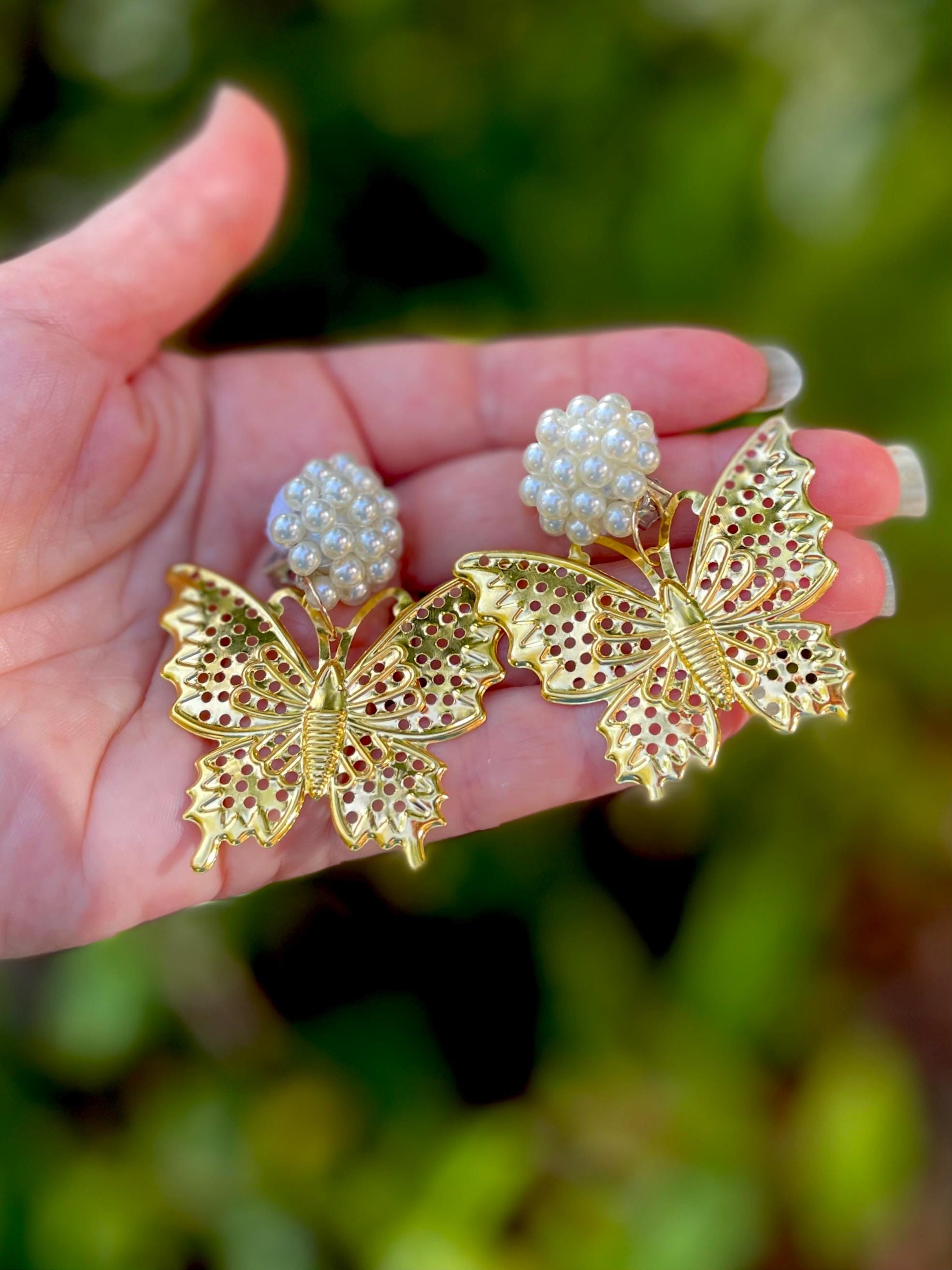 14k Gold Butterfly Clip On Earrings: Pearl Filigree Dangle