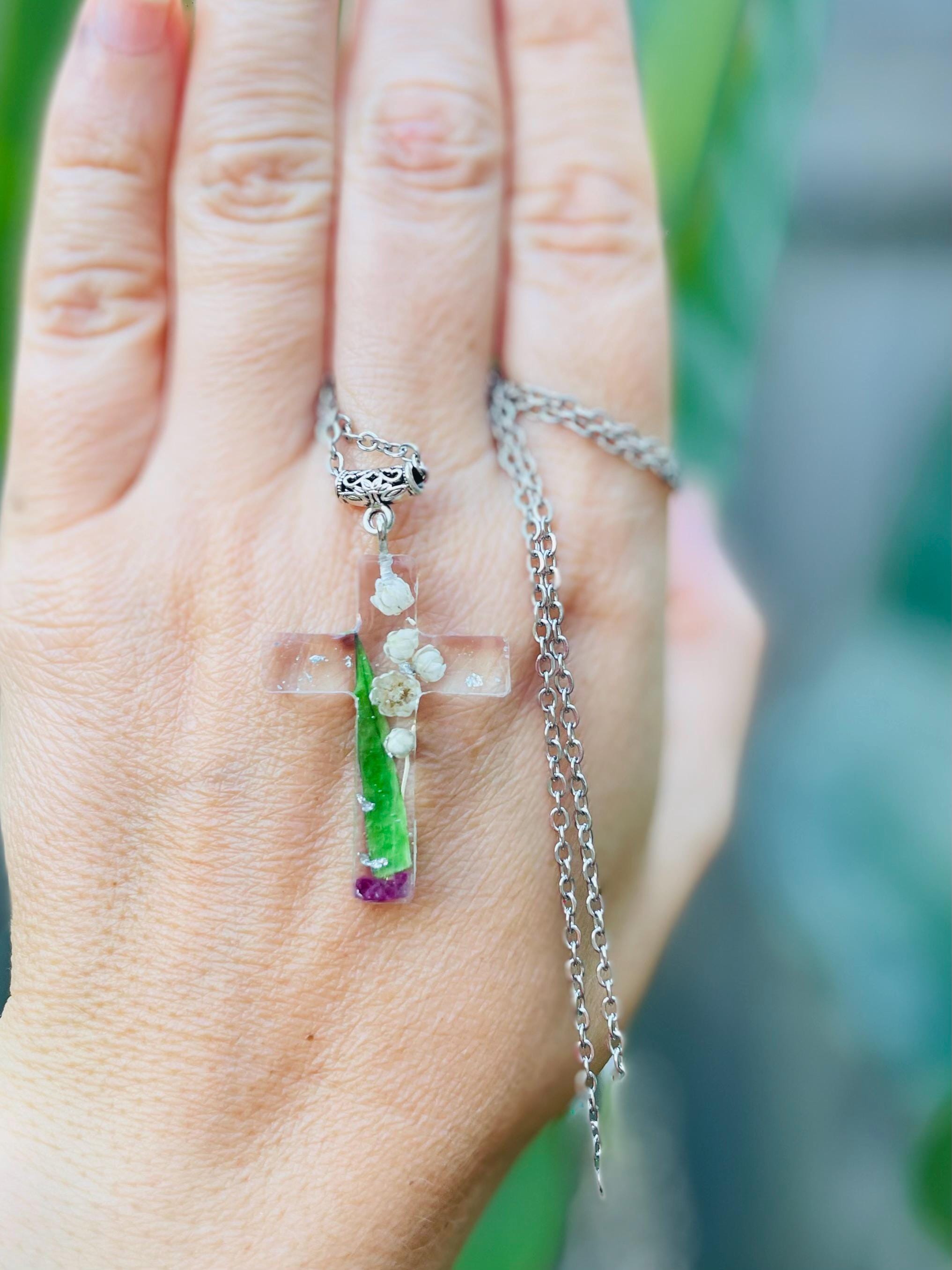 Personalized Birth Flower Lily of the Valley Cross Necklace: Custom Birthstone & Flower Pendant