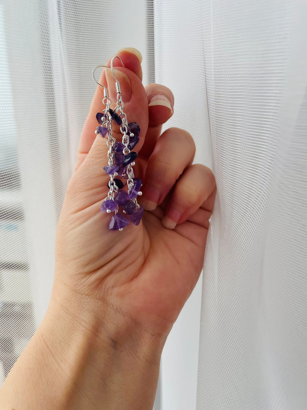 February birthday gift for her, Amethyst earrings, cluster earrings, gemstone earrings, long Wedding earrings, custom birthstone jewelry mom