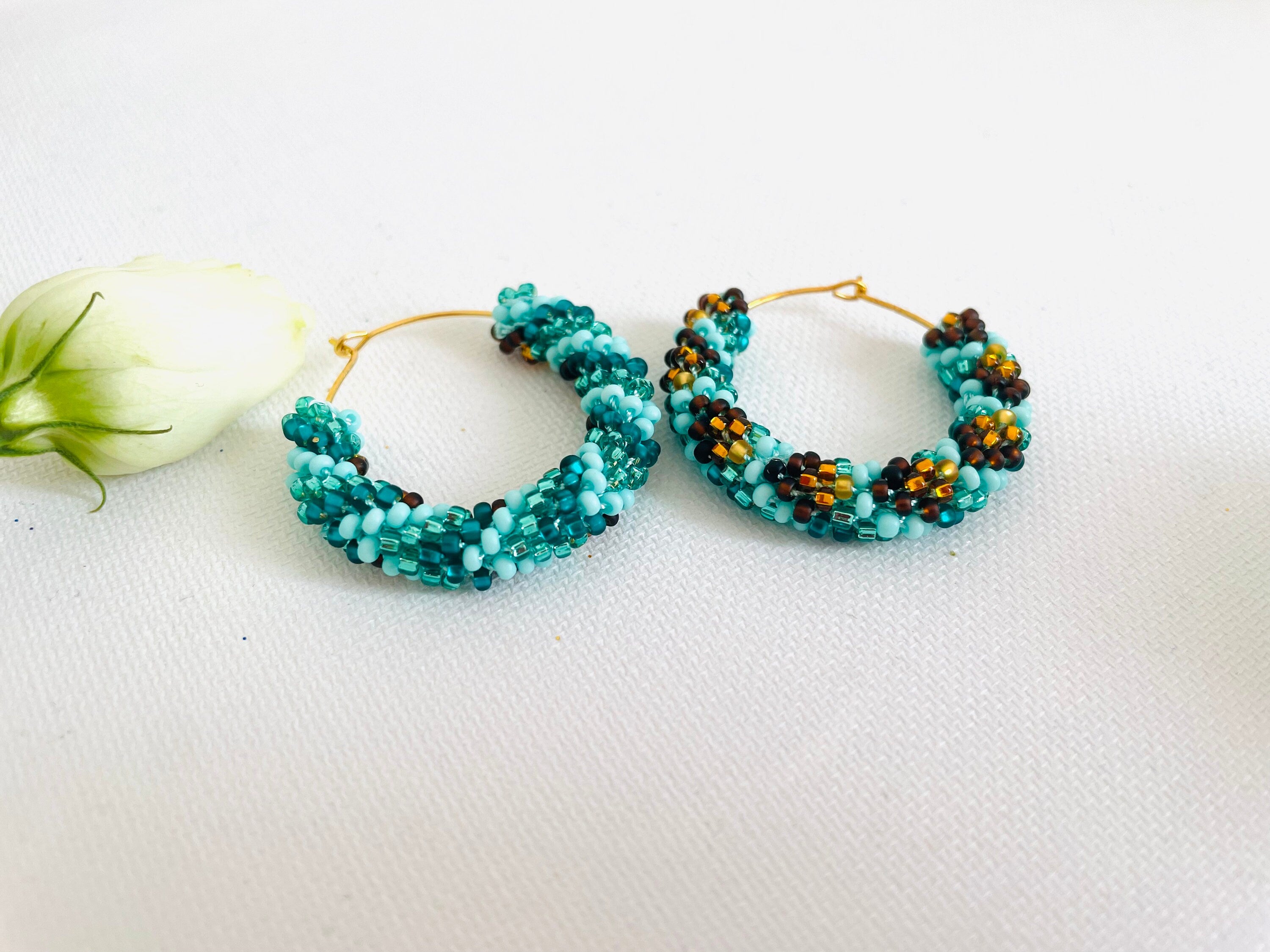 Beaded hoop earrings for her Turquoise emerald green brown hoop earrings 1.2inch native Americans seed bead earrings Beadwork jewelry Ethnic