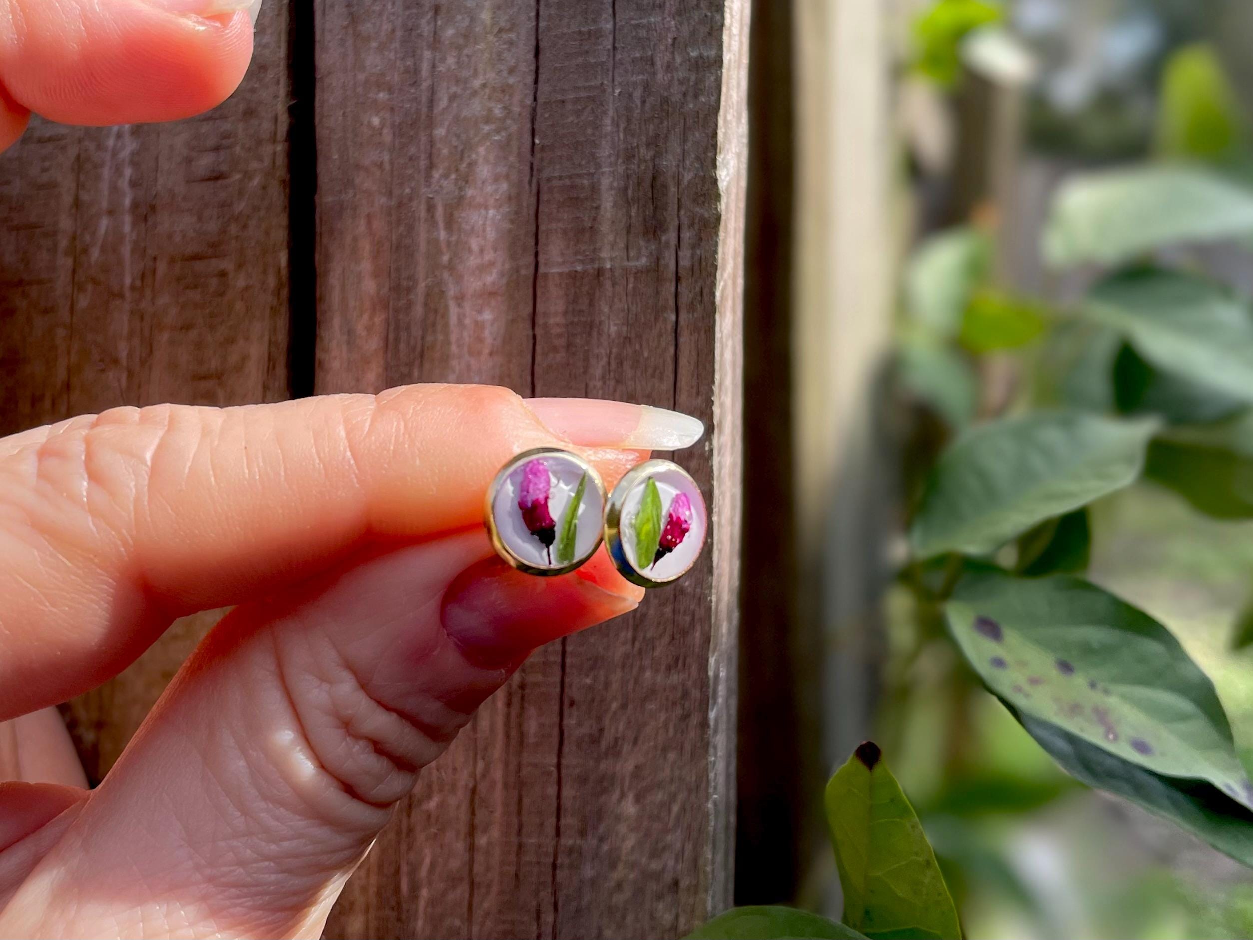 Pink Flower Stud Earrings Gold/Silver: Real Sweat Pea April Birthflower Resin Jewelry Gift Mothers Day