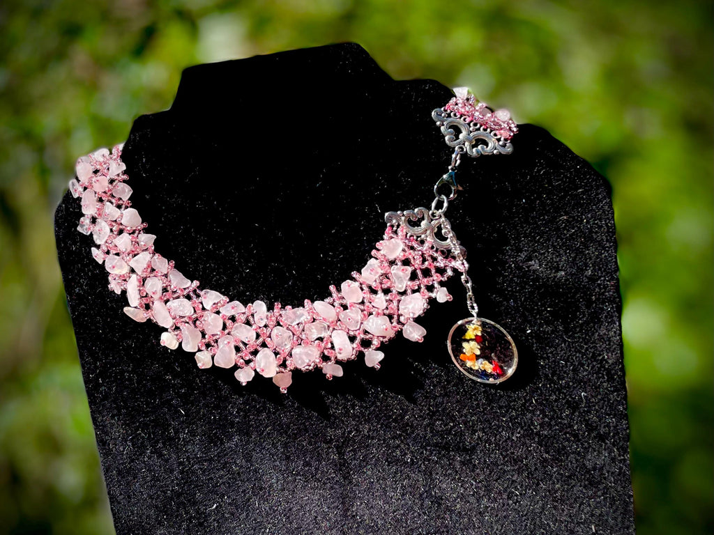 Pressed Flower Initial Charm Necklace: Rose Quartz Crystal Bridal Choker October Birthstone