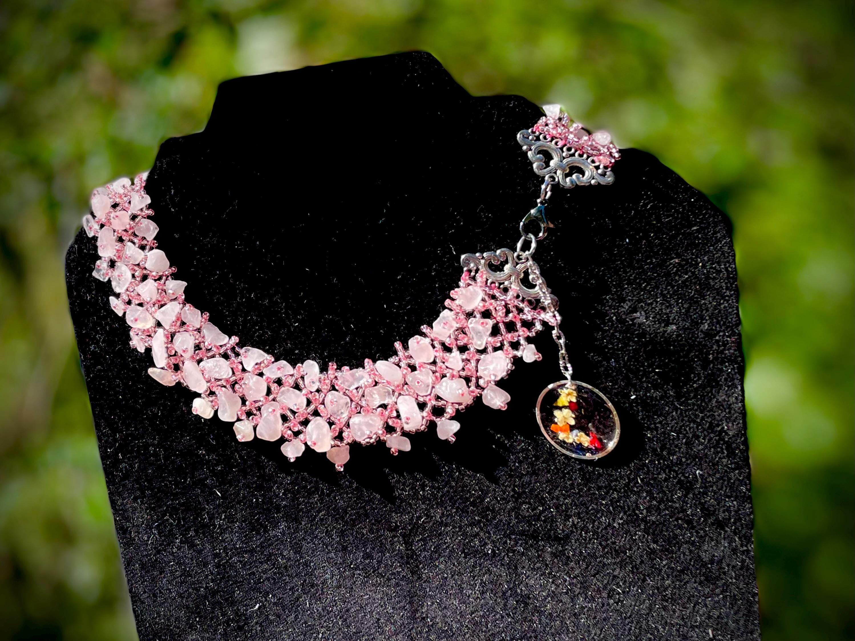 Pressed Flower Initial Charm Necklace: Rose Quartz Crystal Bridal Choker October Birthstone