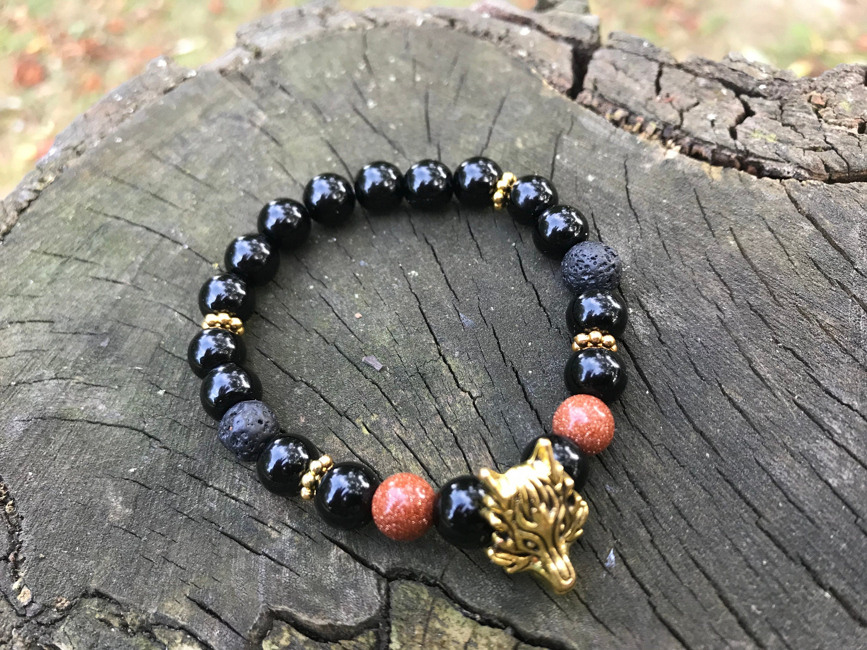 Christmas gift for him, black beaded bracelet with gold Wolf charm for men, lava diffuser bracelet anniversary present for boyfriend brother